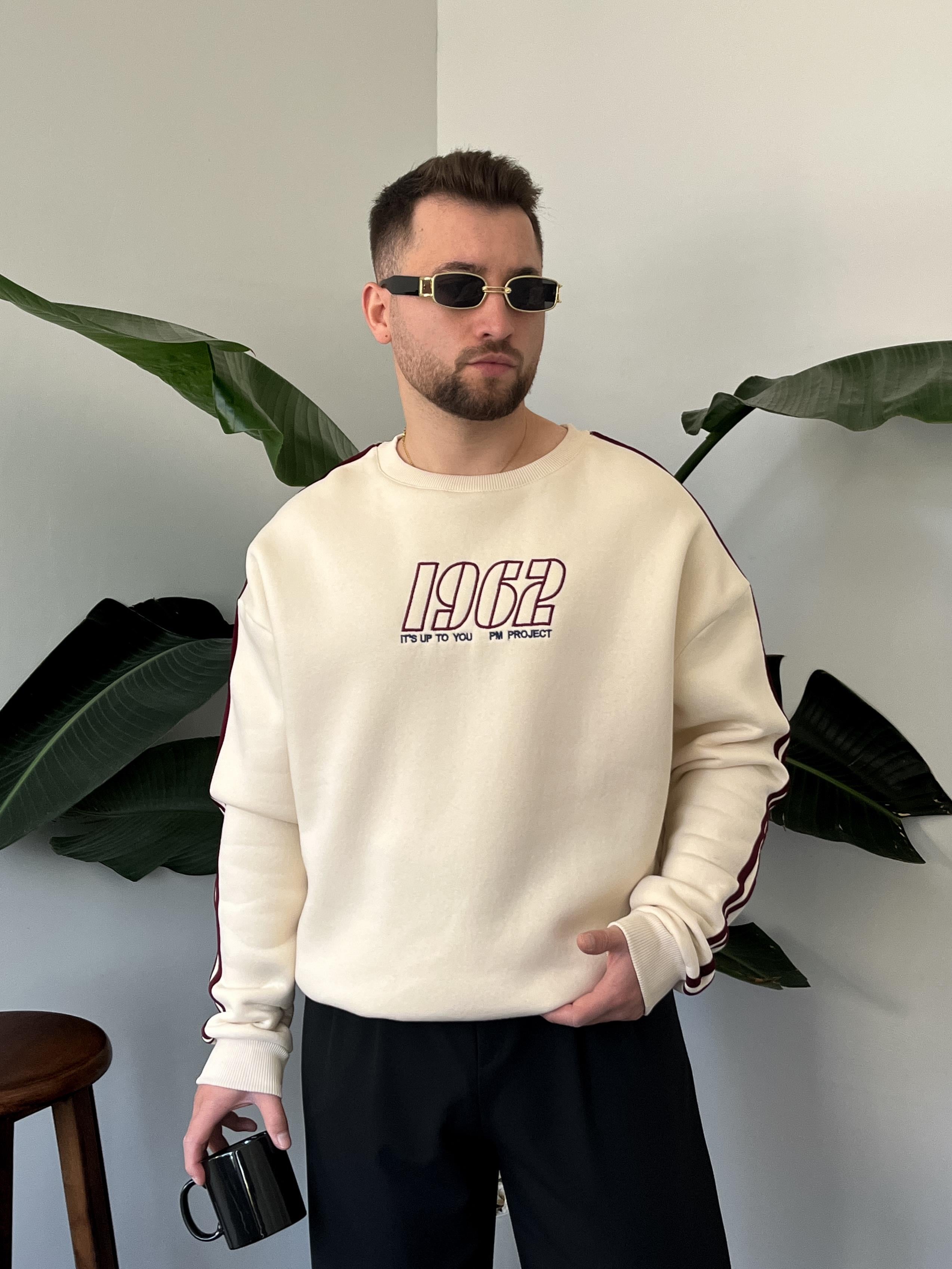 1962 Nakışlı Krem Üç İplik Şardonlu Basic Sweatshirt