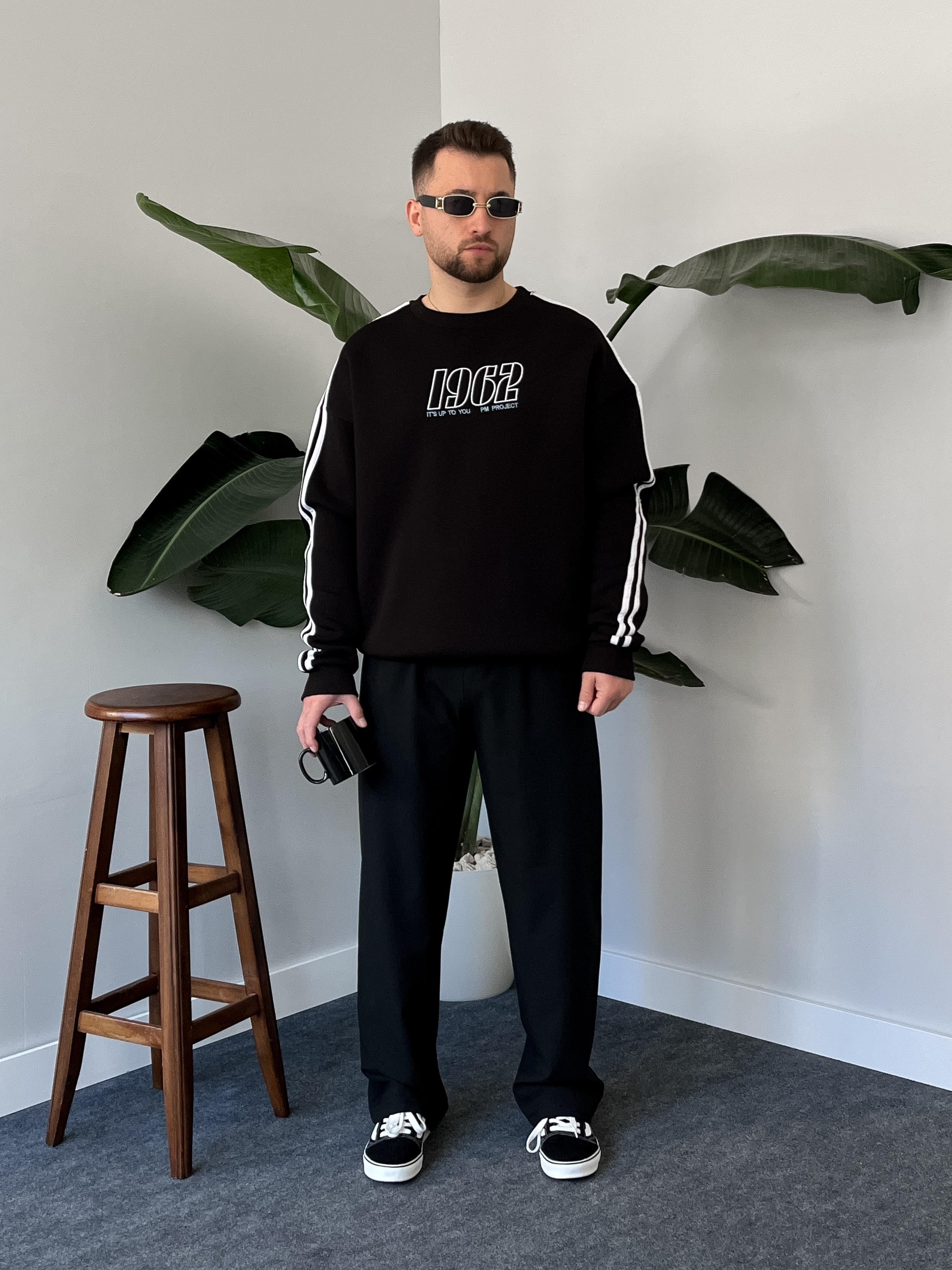 1962 Nakışlı Siyah Üç İplik Şardonlu Basic Sweatshirt