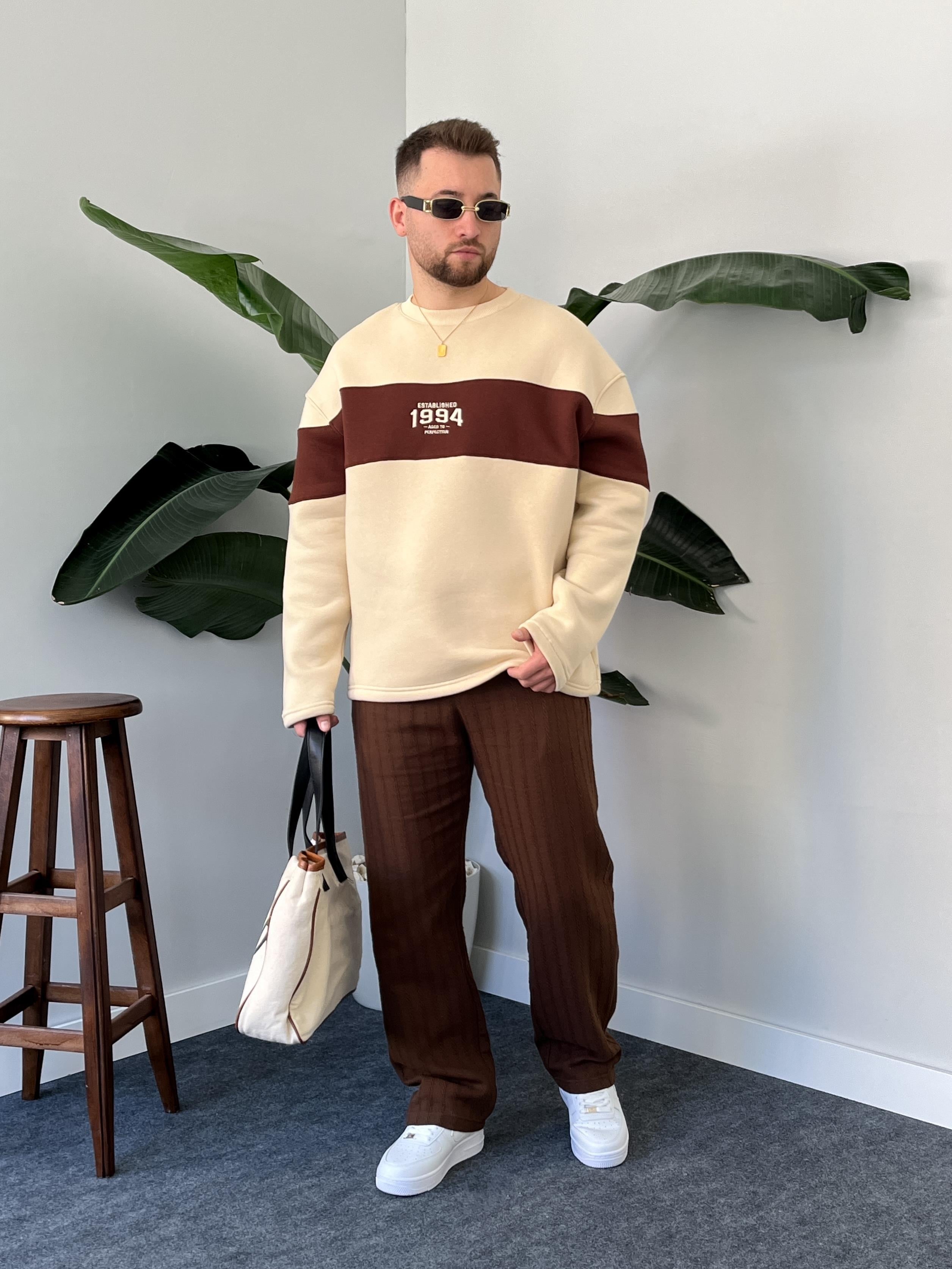 1994 Nakışlı Krem Üç İplik Şardonlu Sweatshirt