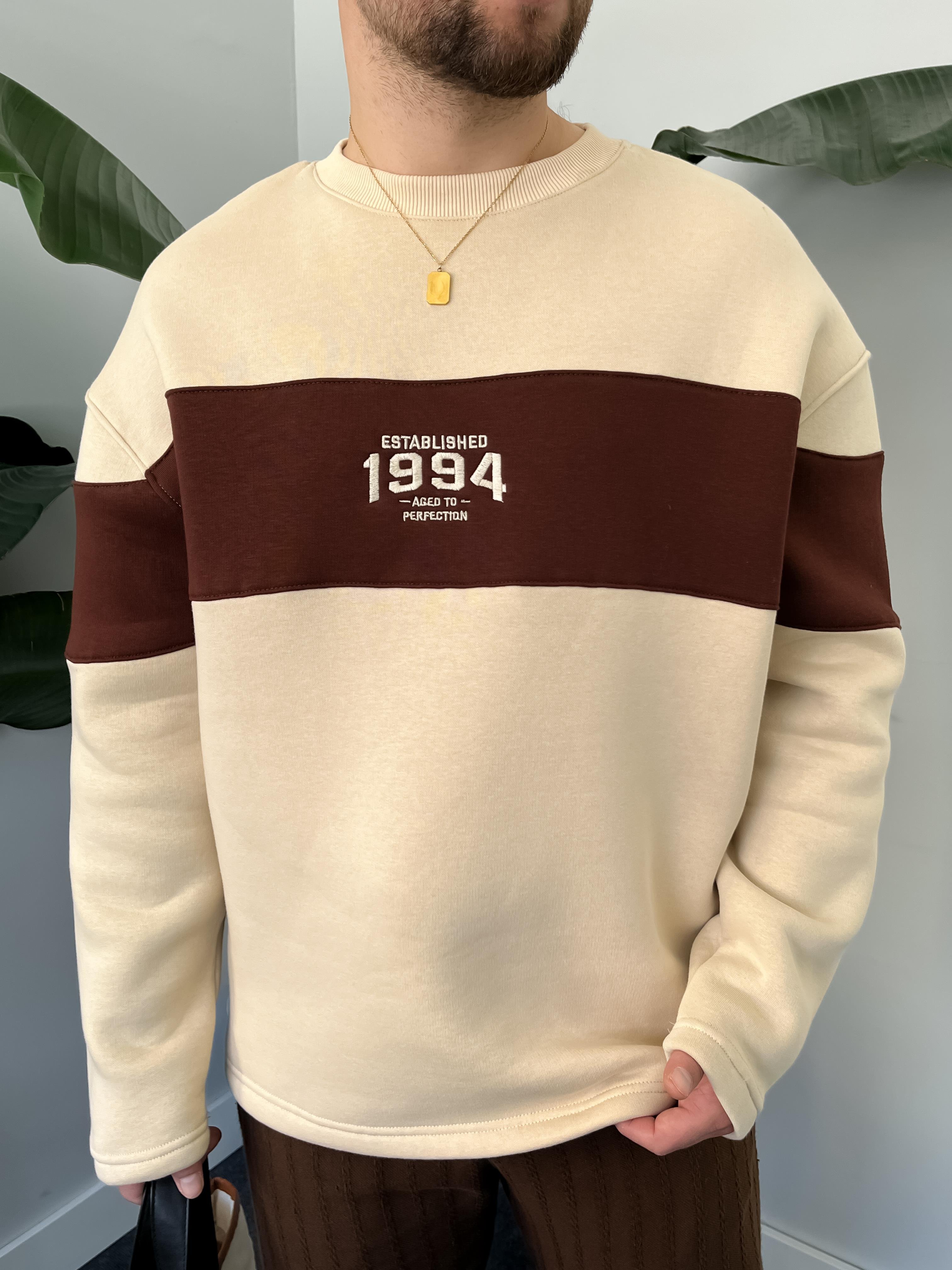 1994 Nakışlı Krem Üç İplik Şardonlu Sweatshirt