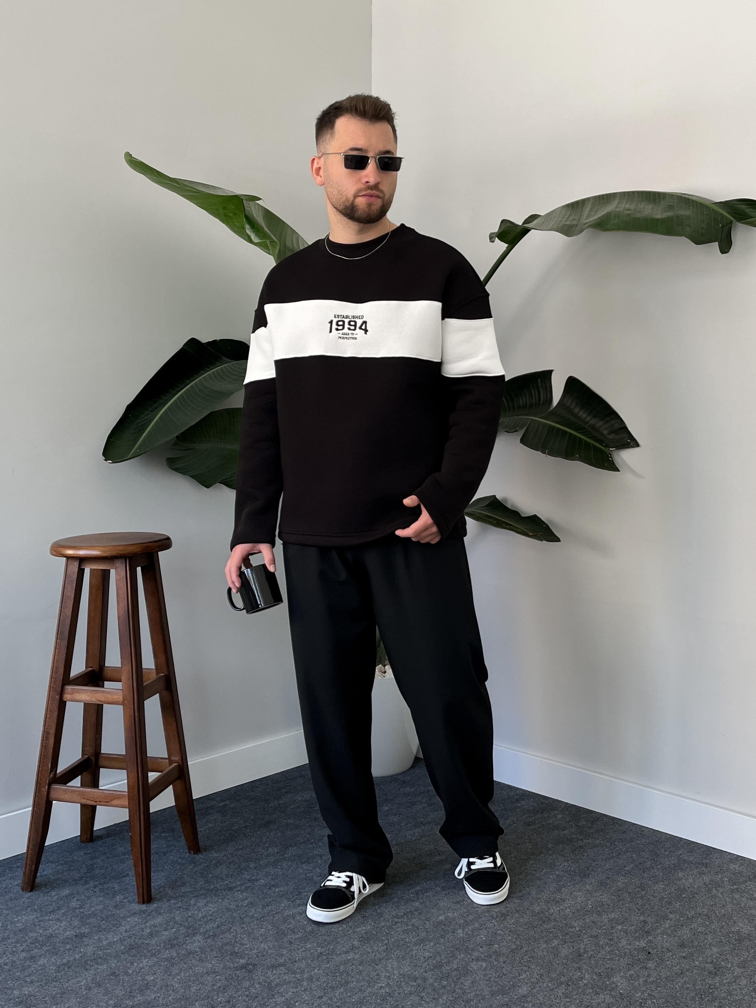 1994 Nakışlı Siyah Üç İplik Şardonlu Sweatshirt