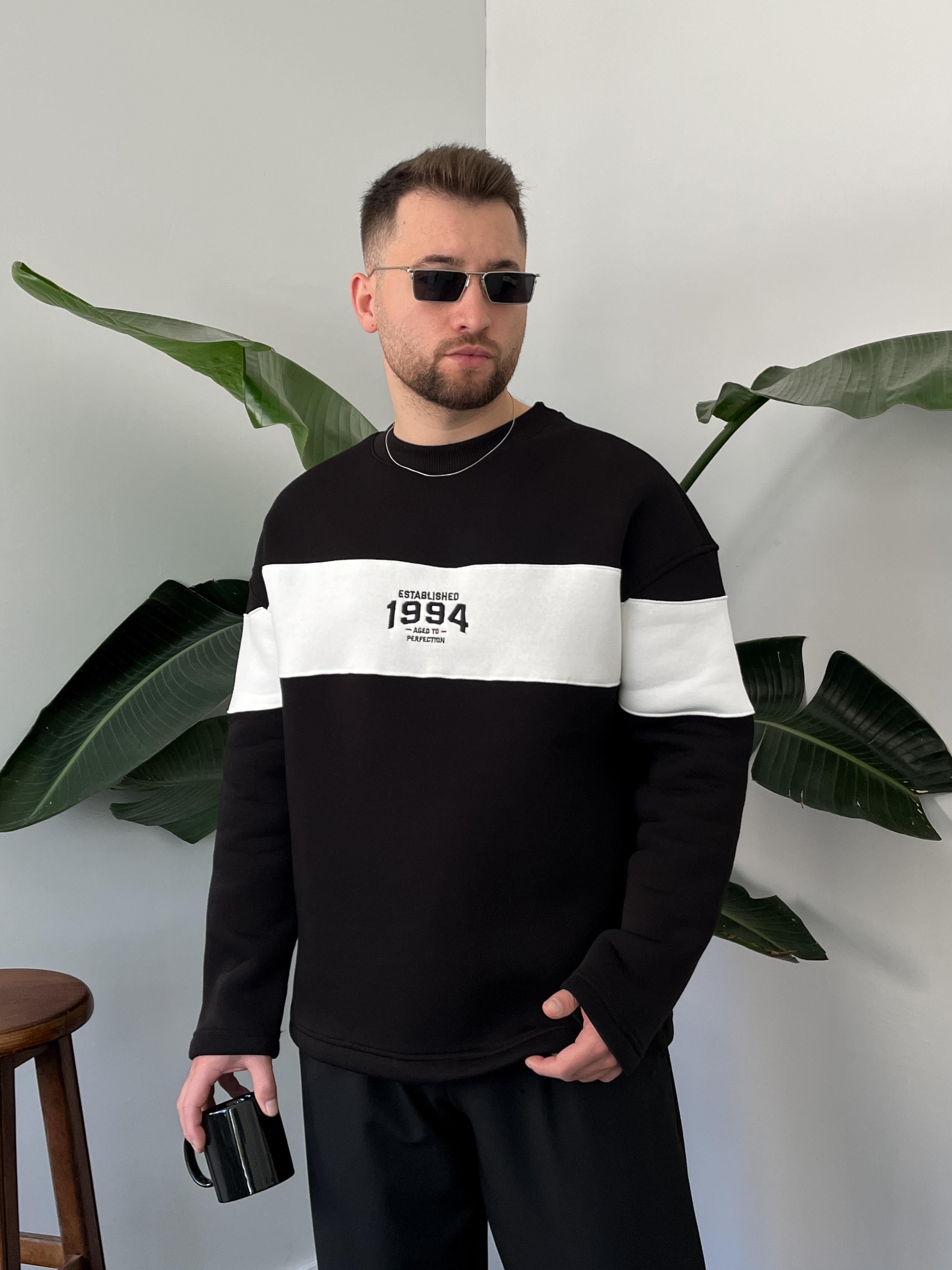 1994 Nakışlı Siyah Üç İplik Şardonlu Sweatshirt