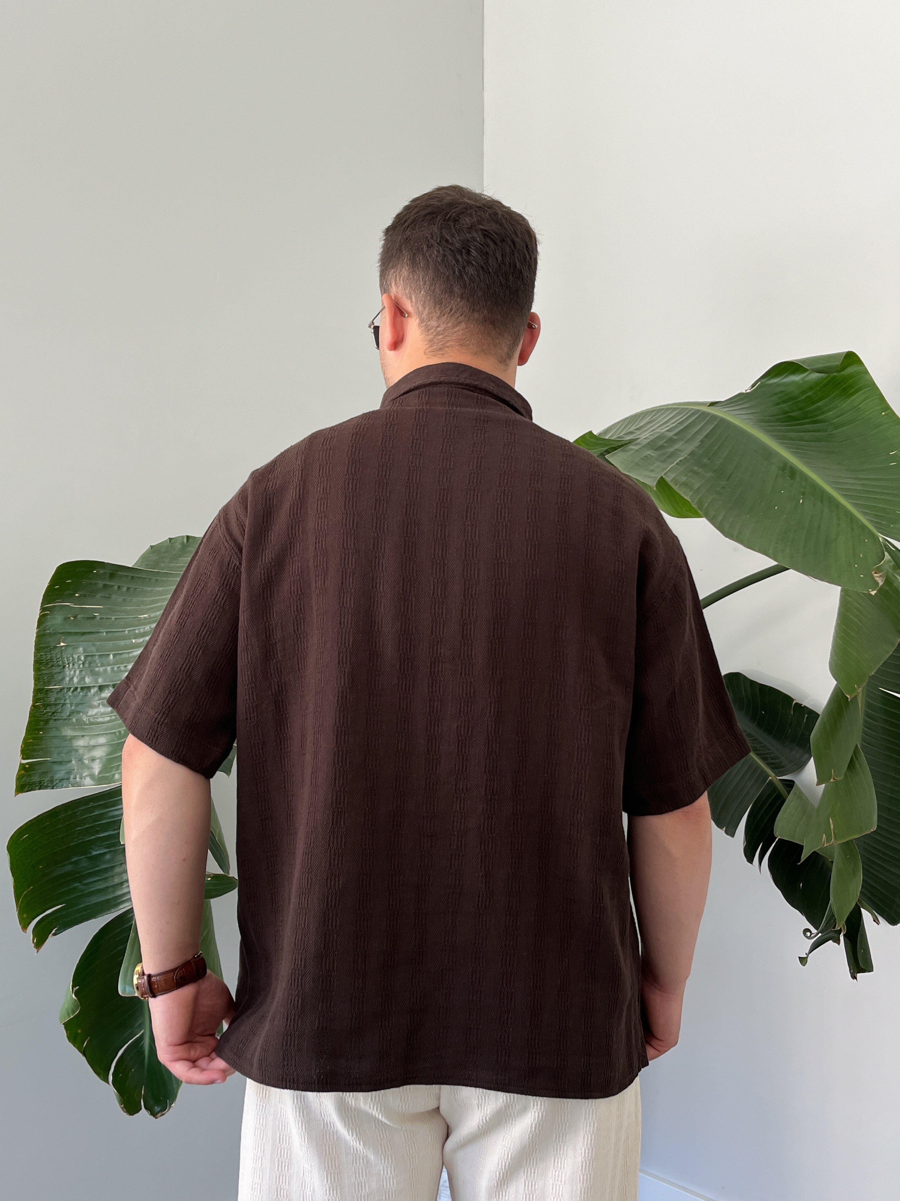 Acı Kahve Dokulu Kısa Kollu Oversize Gömlek