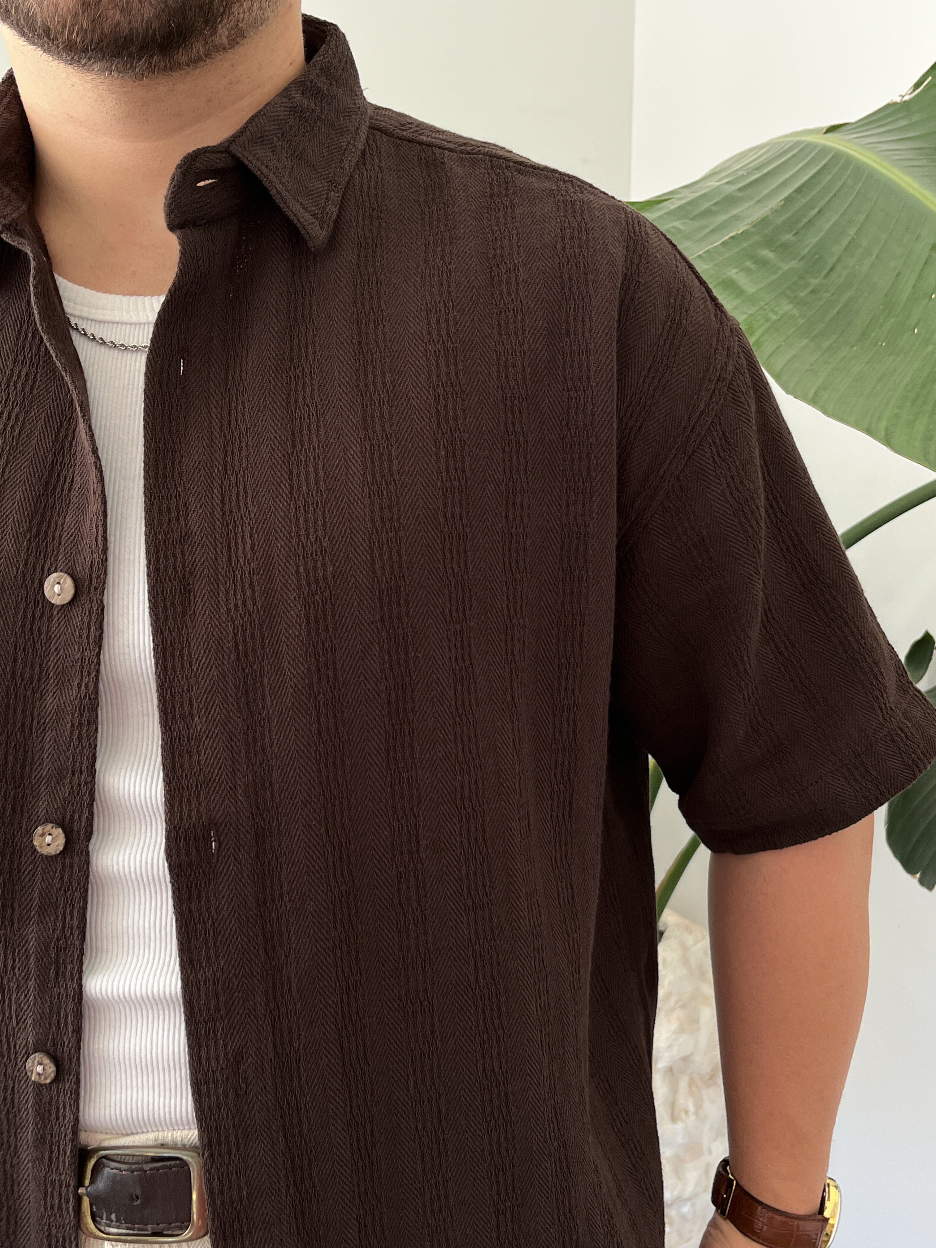 Acı Kahve Dokulu Kısa Kollu Oversize Gömlek