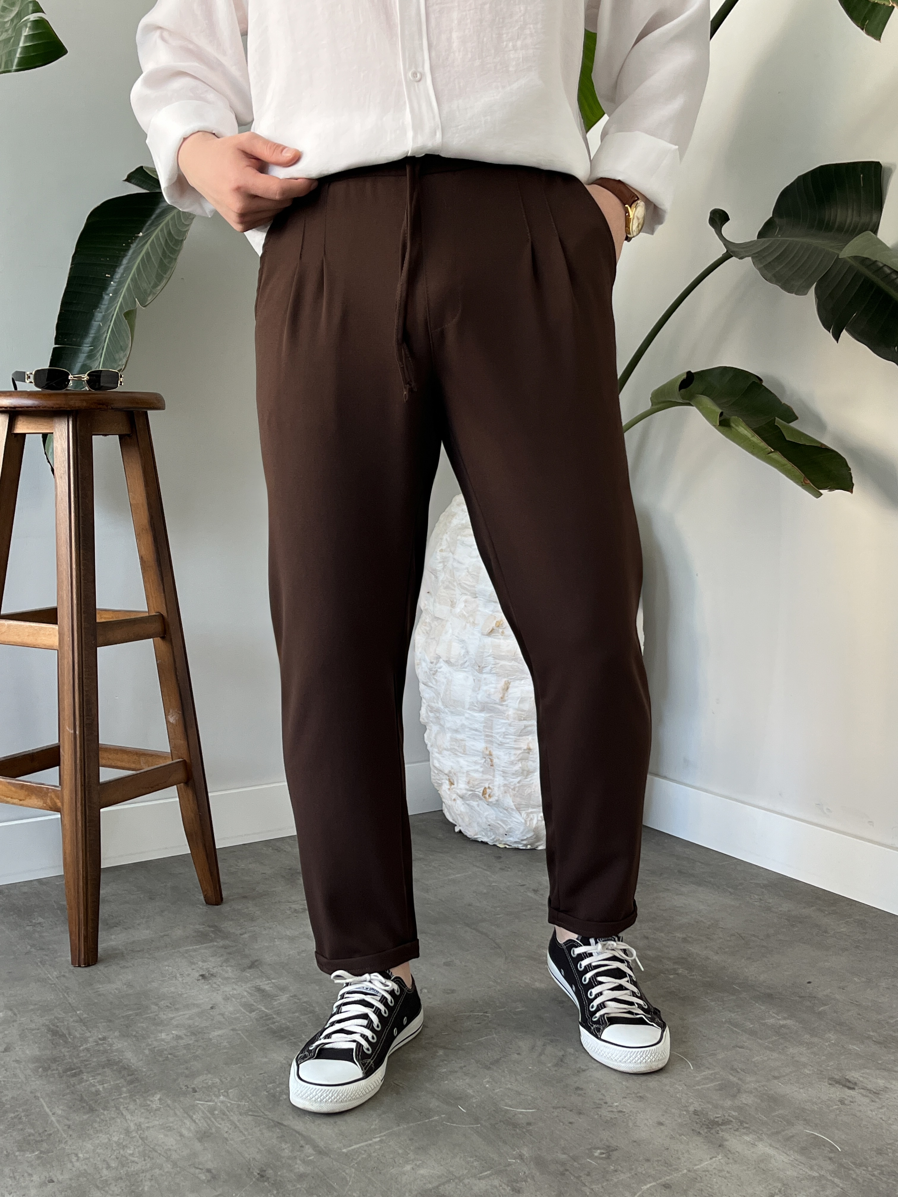Acı Kahve Duble Paça Kumaş Jogger Pantolon