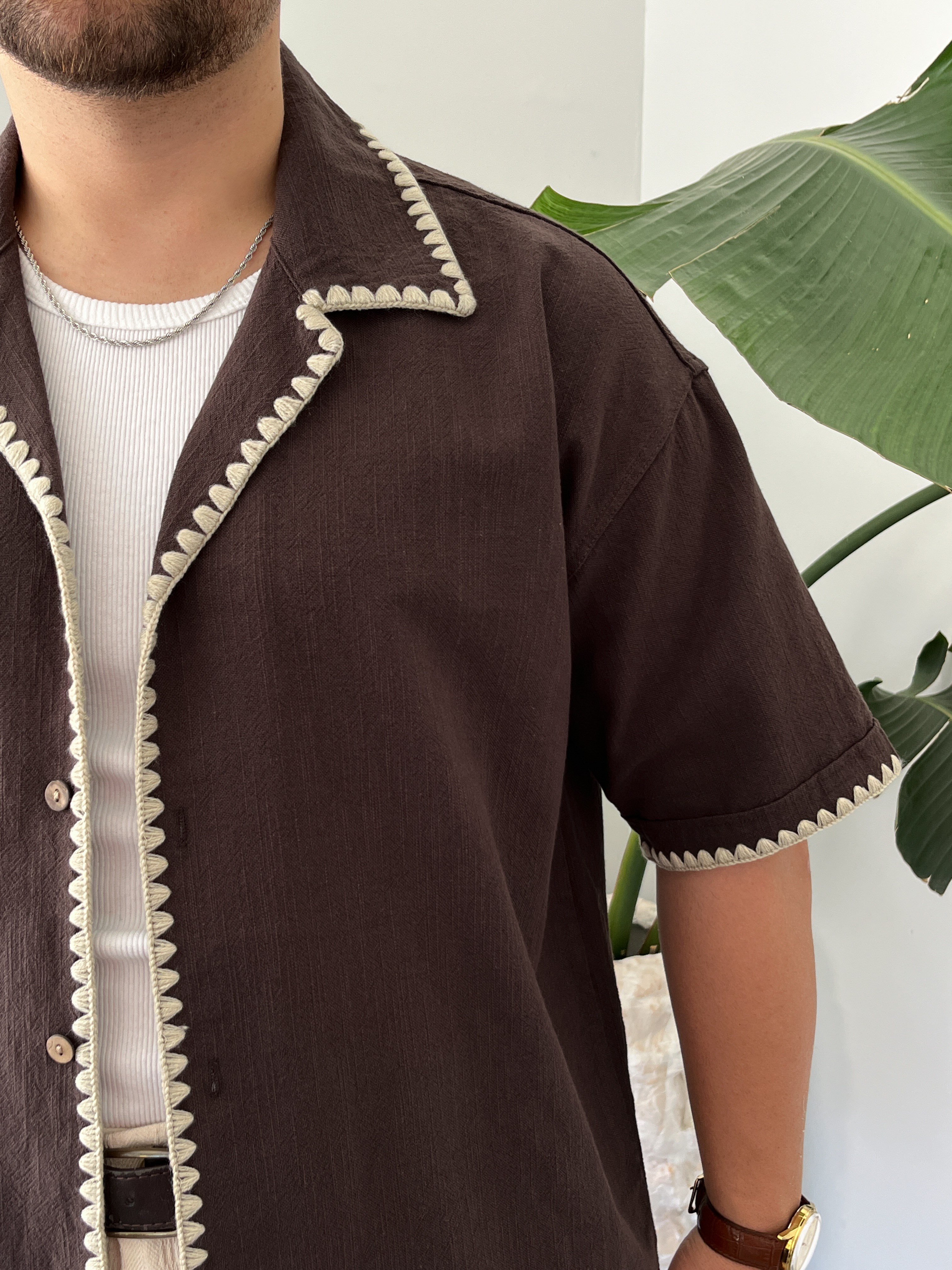 Acı Kahve Kontrast Dikiş Keten Oversize Gömlek