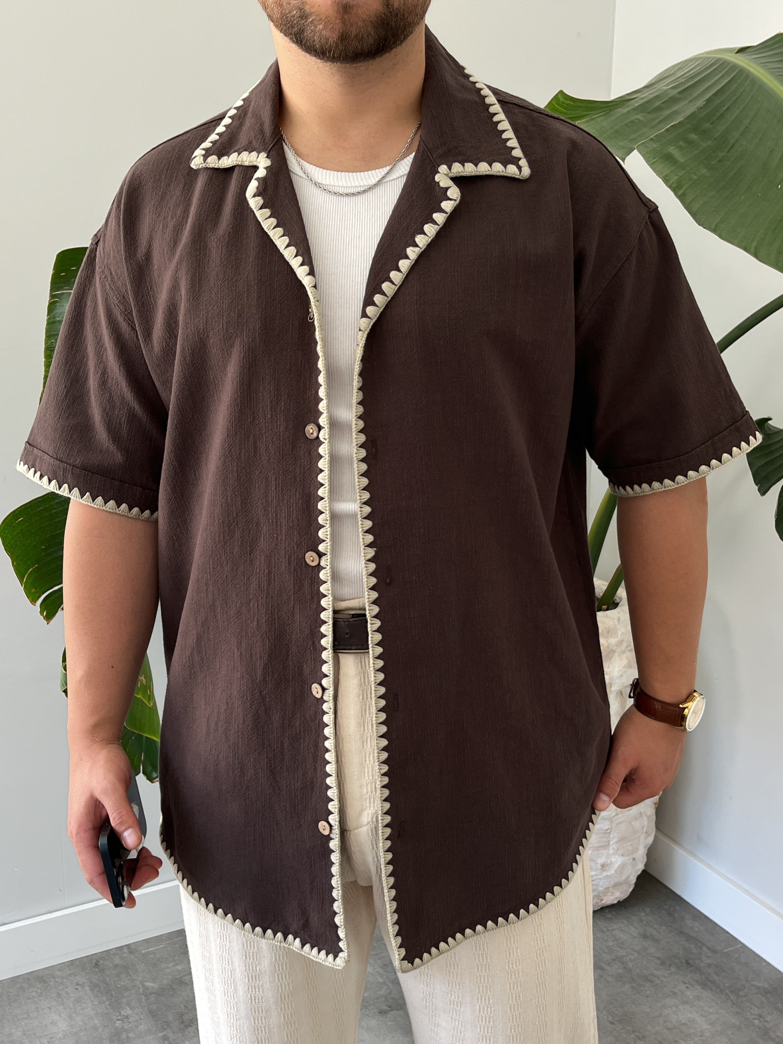 Acı Kahve Kontrast Dikiş Keten Oversize Gömlek