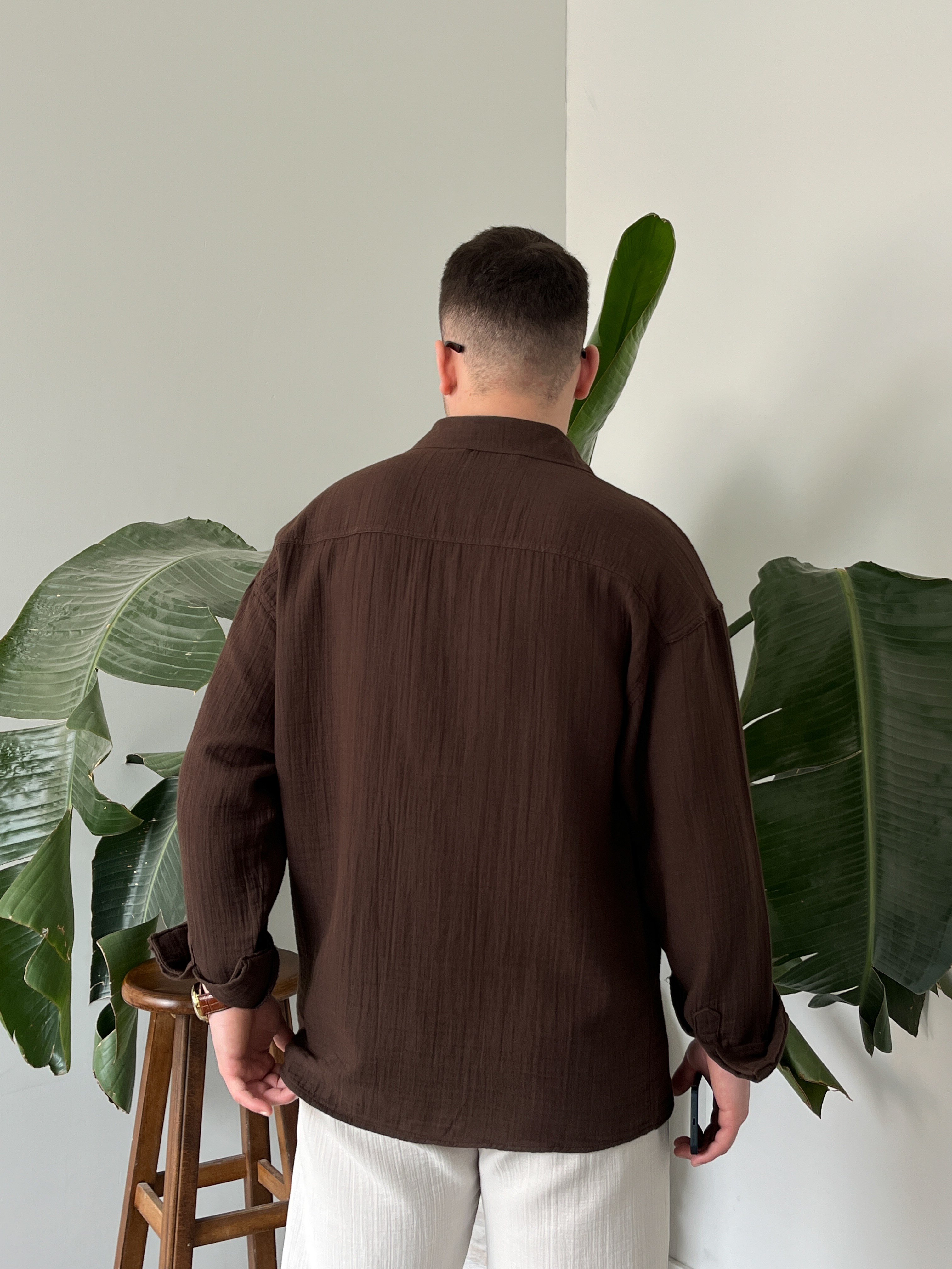 Acı Kahve Müslin Dokulu Oversize Gömlek