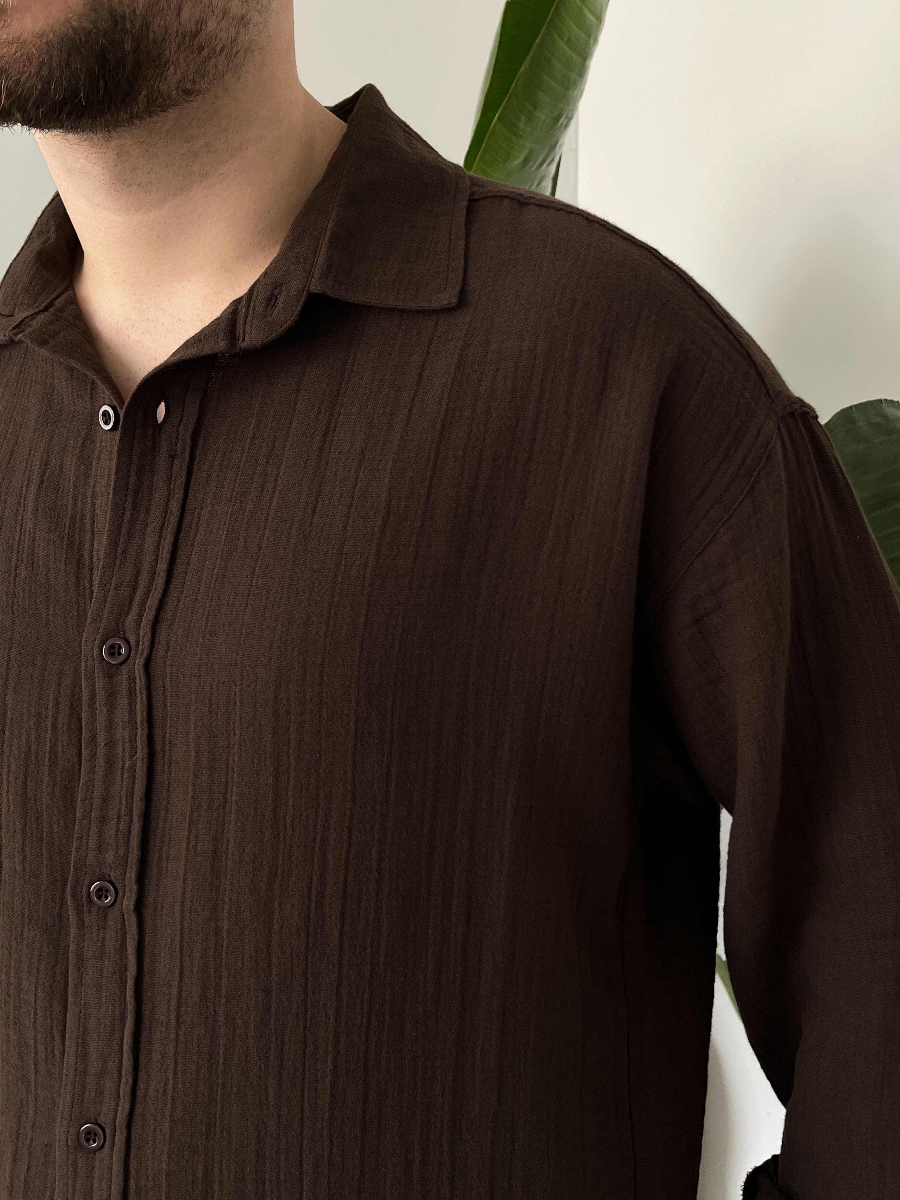 Acı Kahve Müslin Dokulu Oversize Gömlek