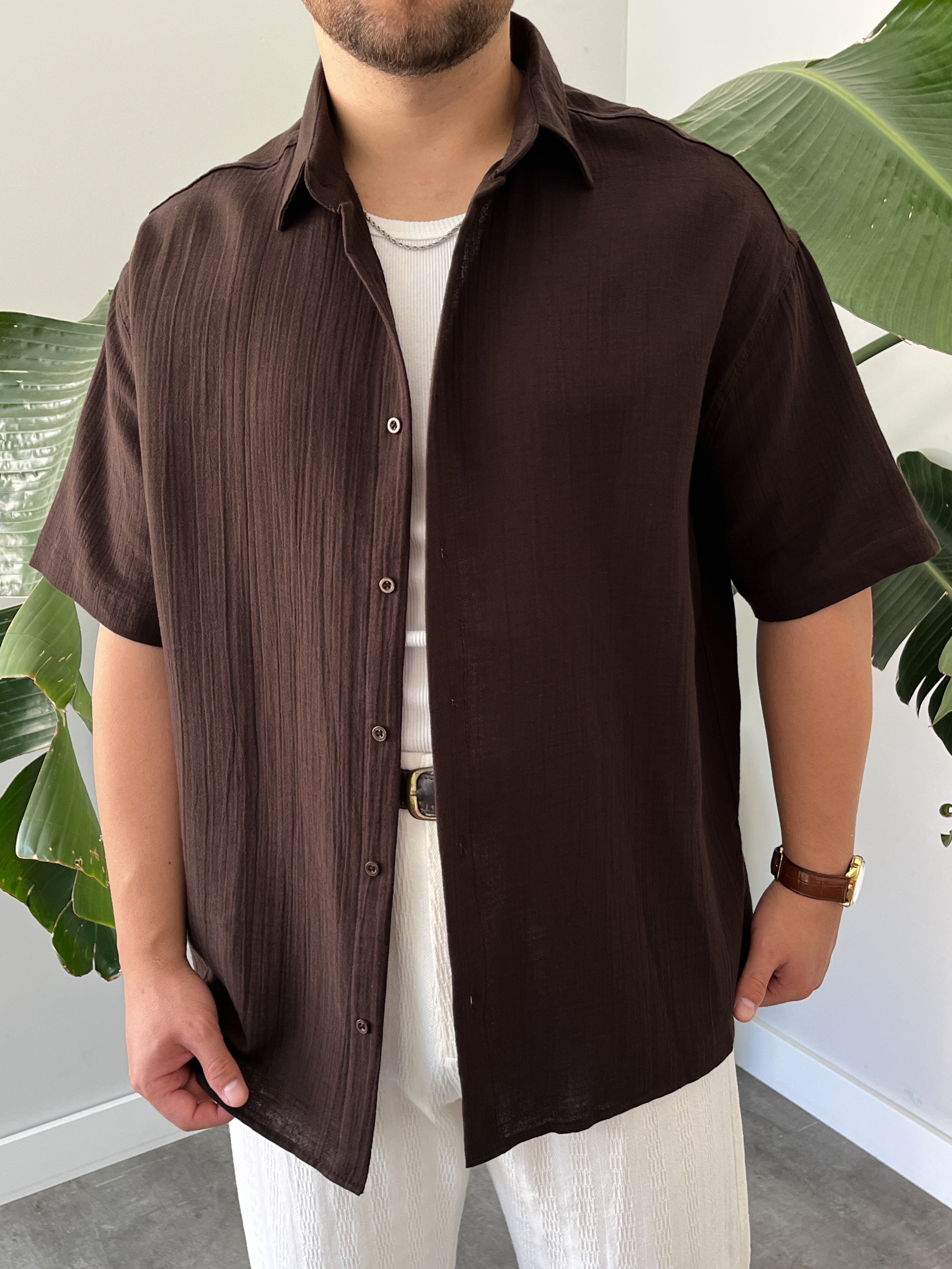 Acı Kahve Müslin Kısa Kollu Oversize Gömlek