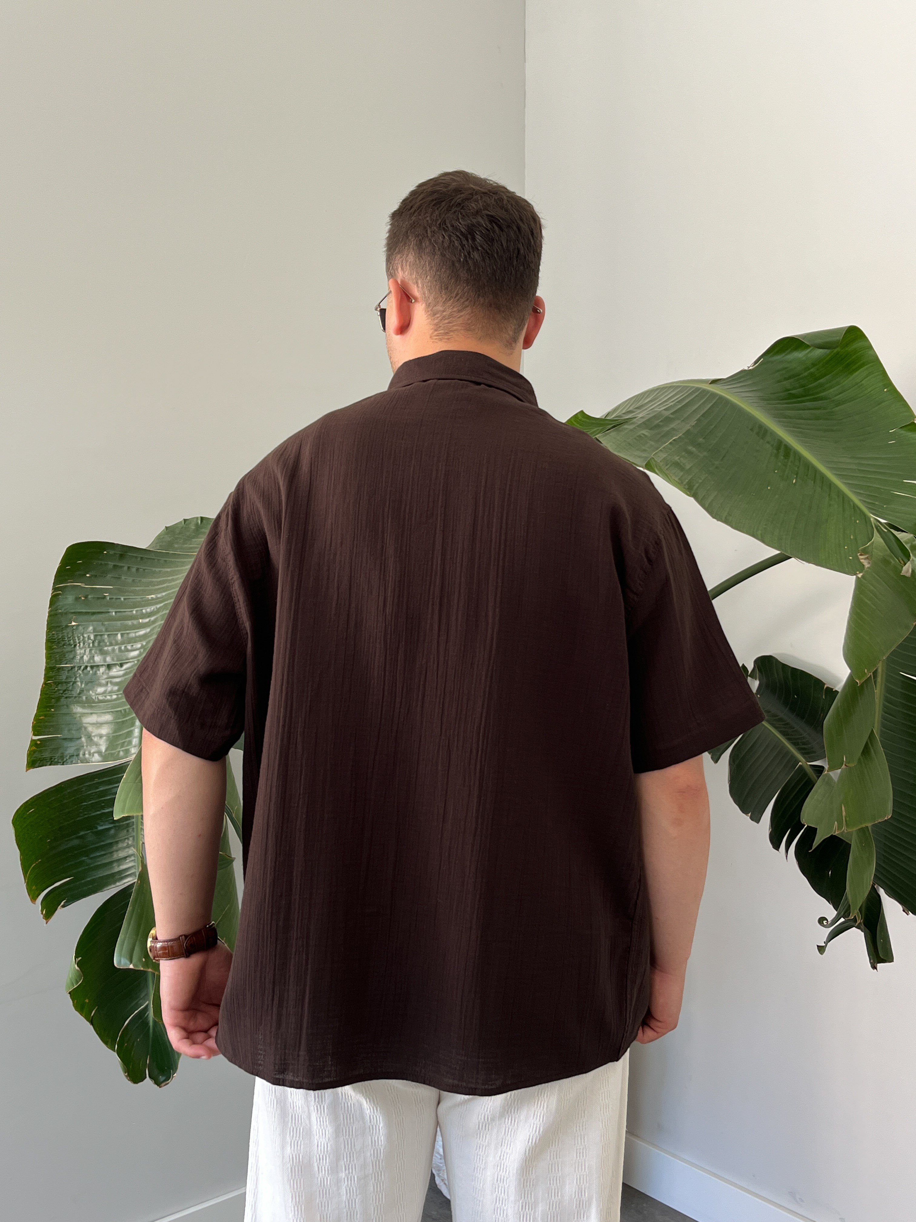 Acı Kahve Müslin Kısa Kollu Oversize Gömlek