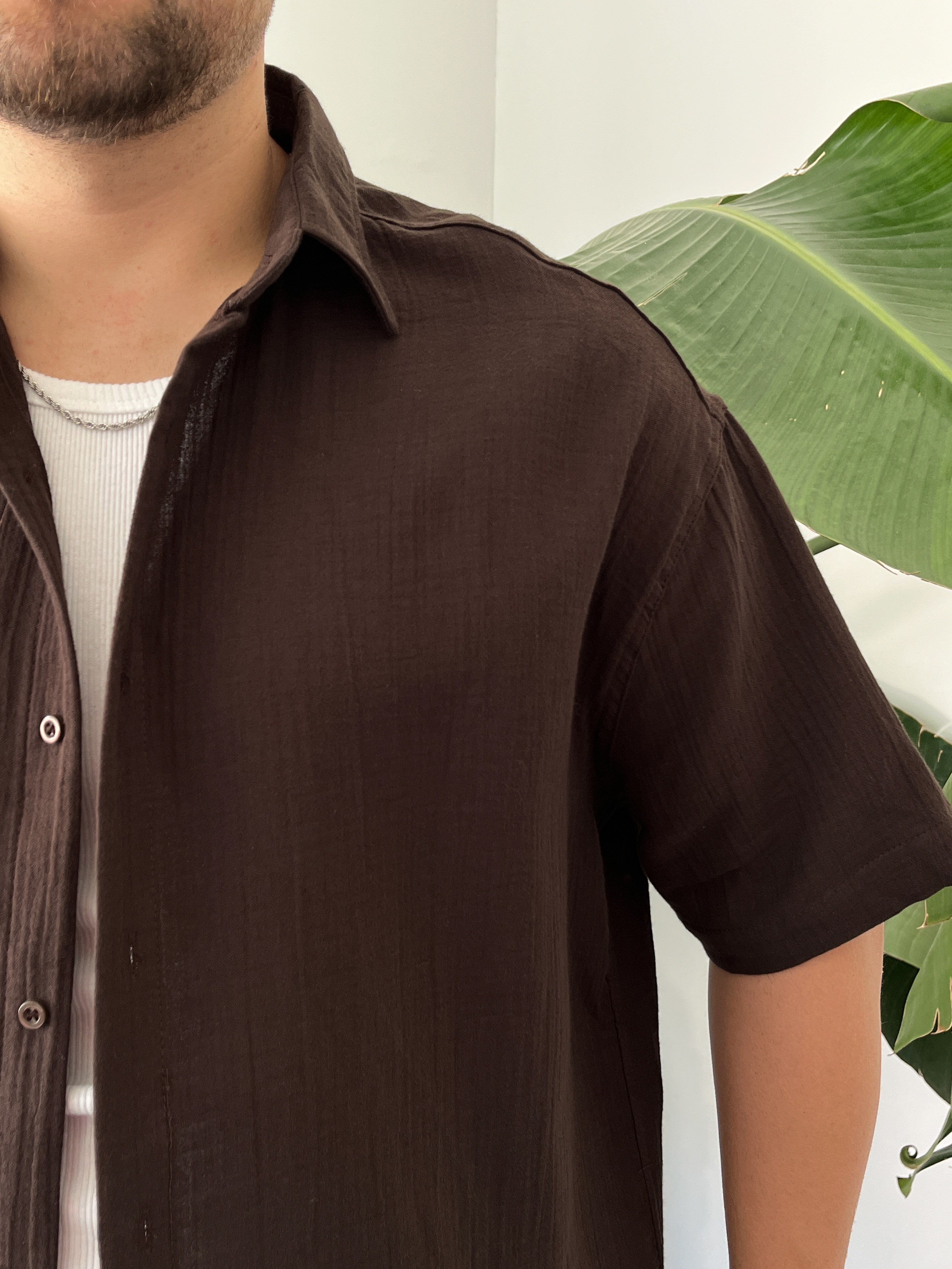 Acı Kahve Müslin Kısa Kollu Oversize Gömlek