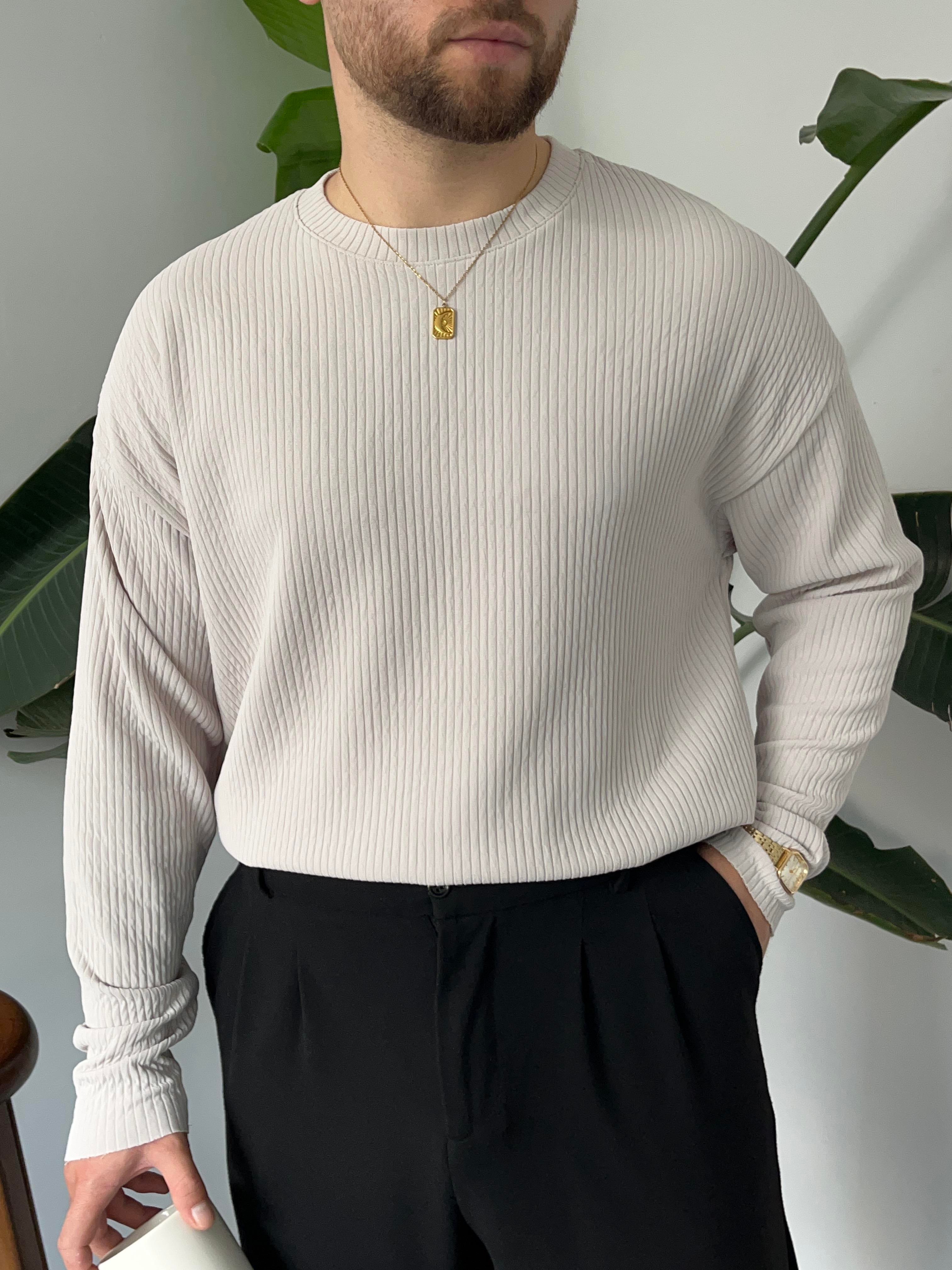 Açık Gri Fitilli Bisiklet Yaka Triko Sweat