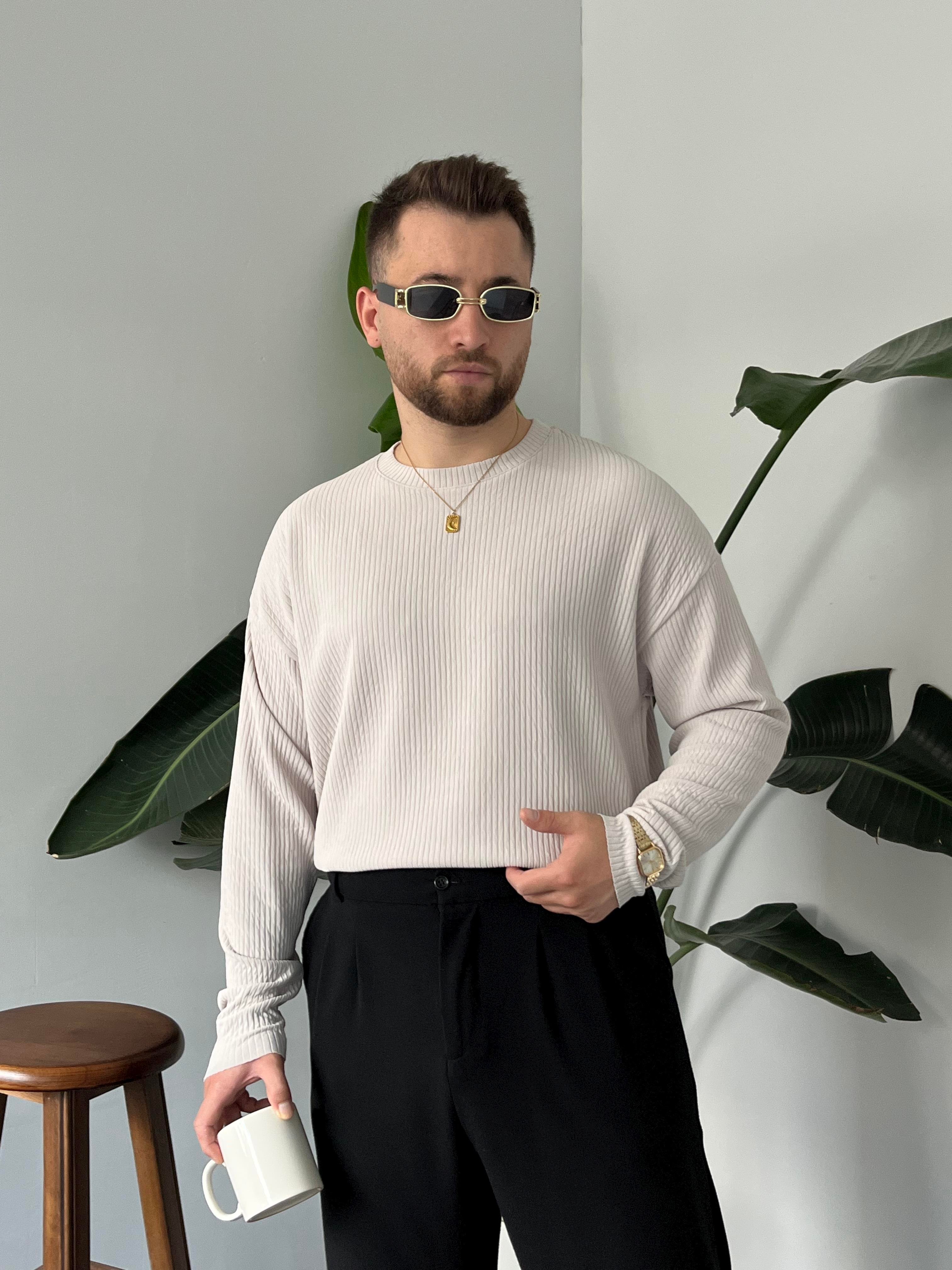 Açık Gri Fitilli Bisiklet Yaka Triko Sweat