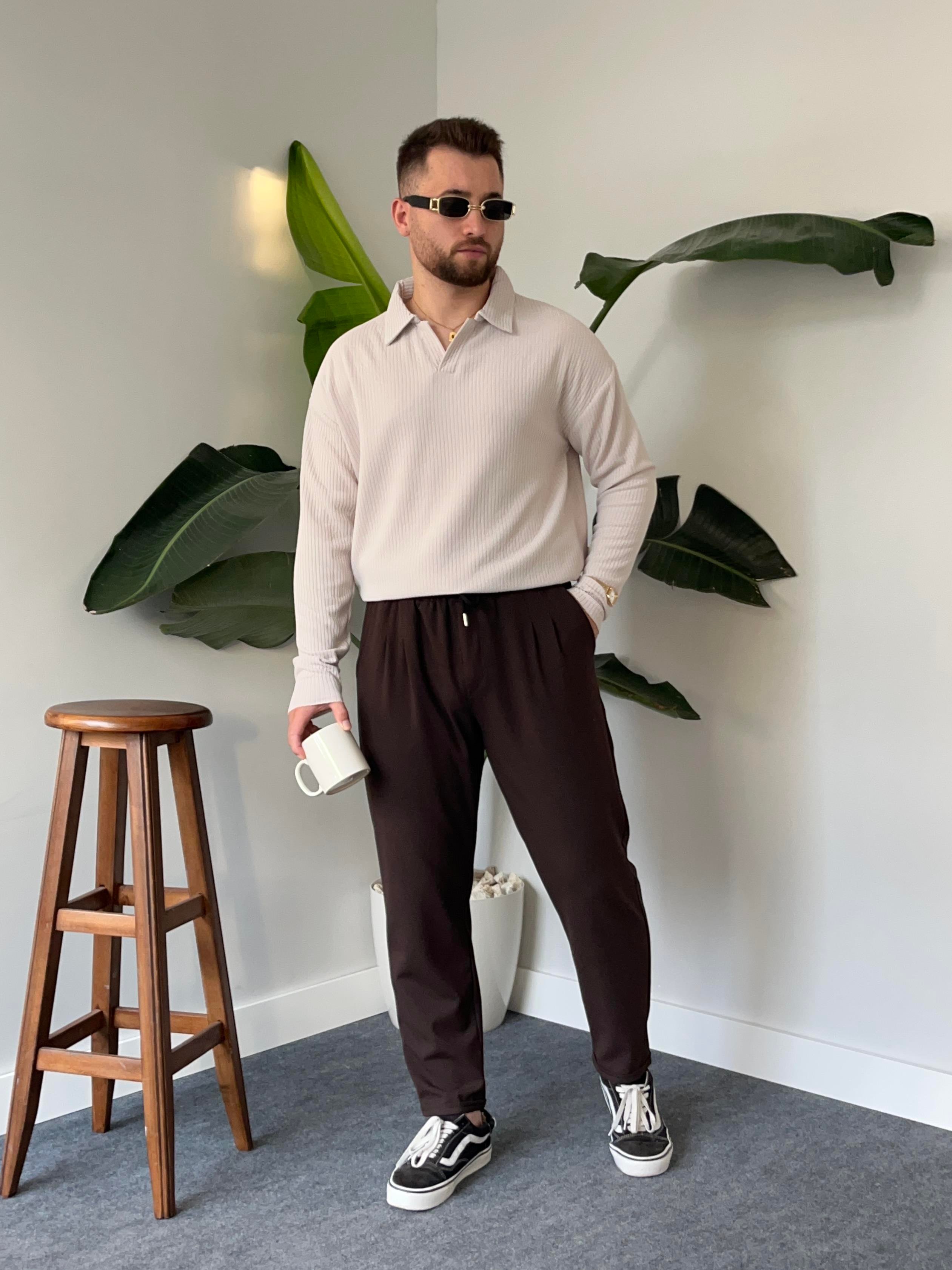 Açık Gri Fitilli Polo Yaka Triko Sweat