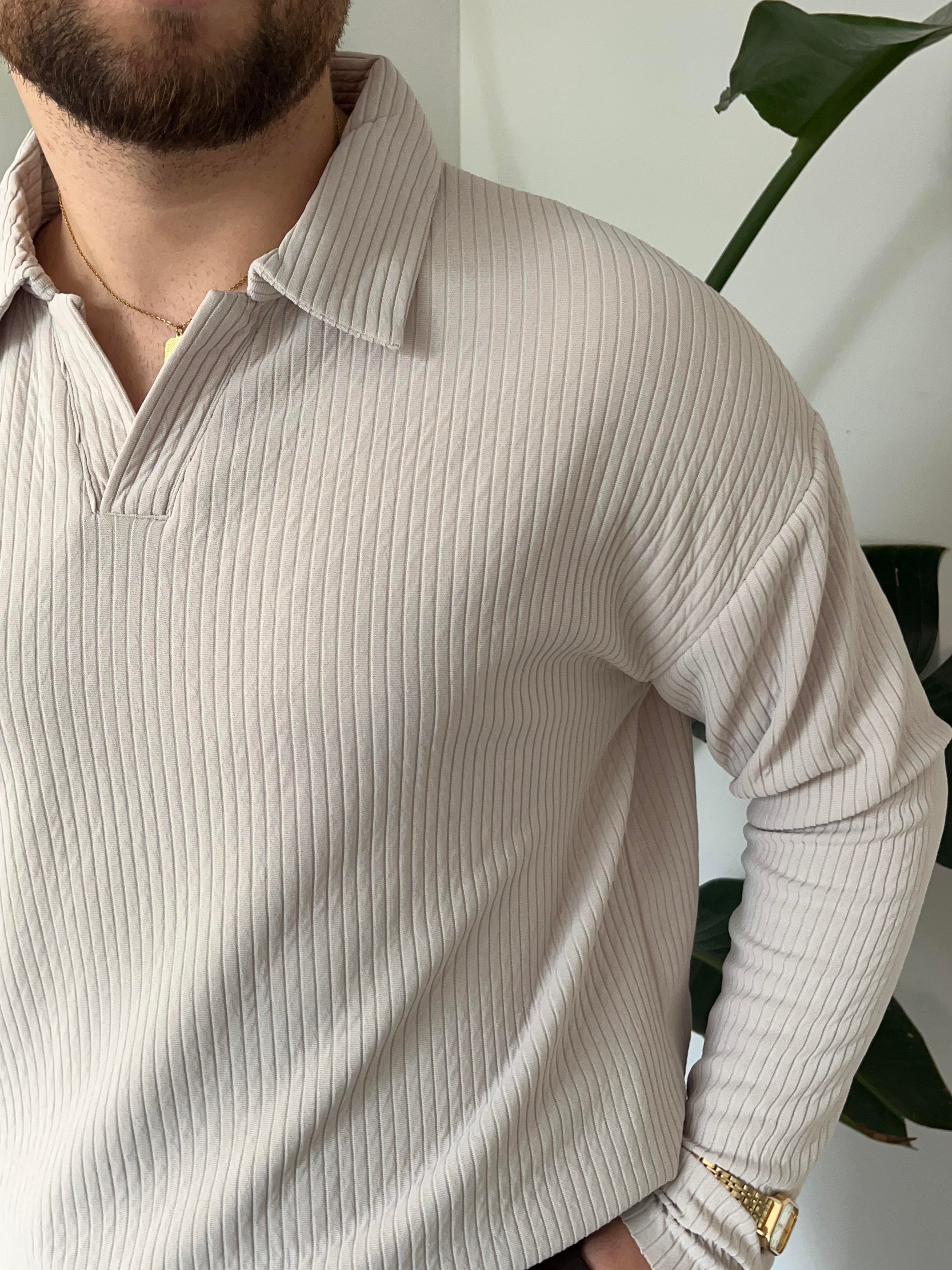 Açık Gri Fitilli Polo Yaka Triko Sweat