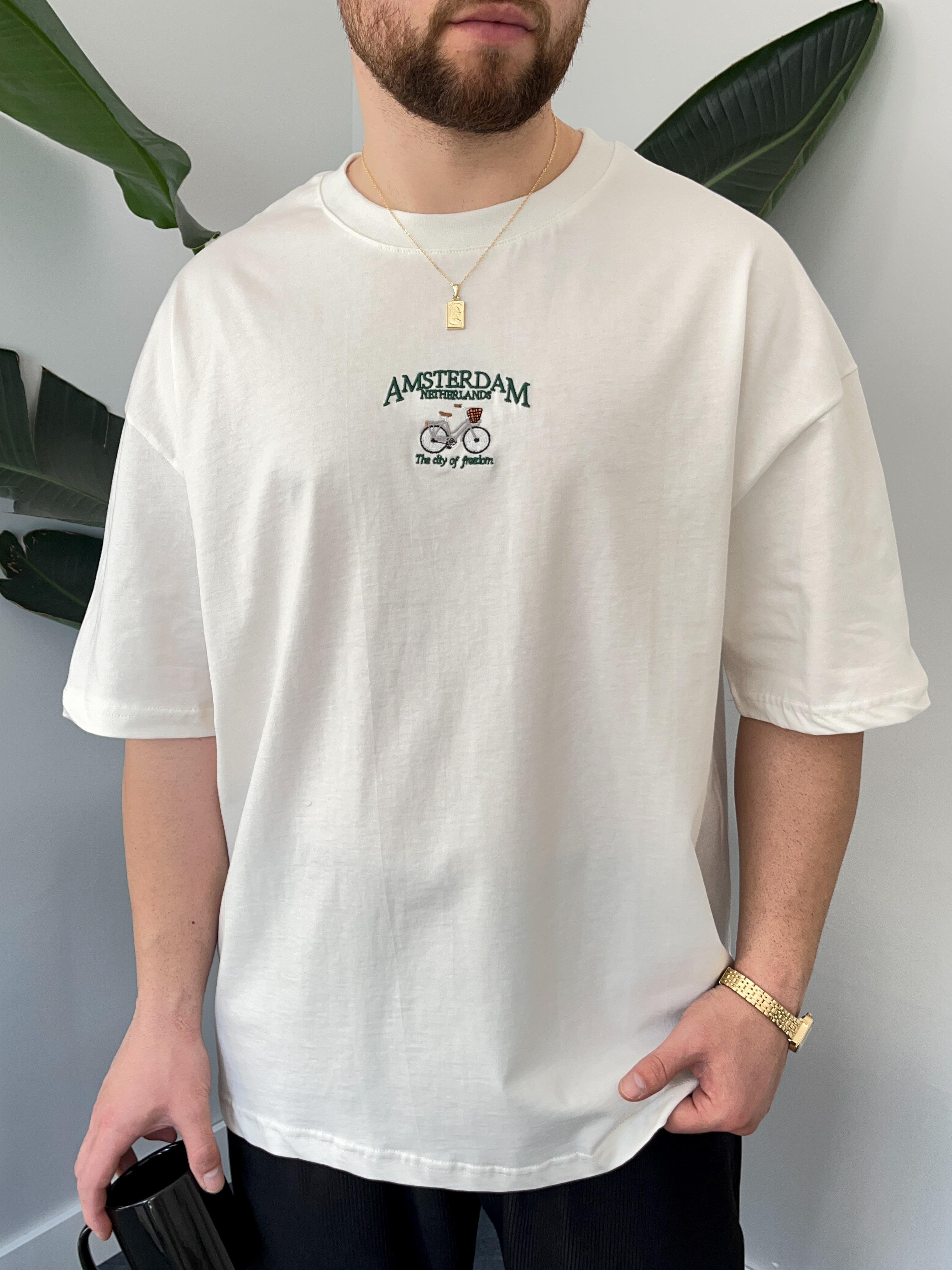 Amsterdam Nakışlı Ekru Oversize  T-shirt