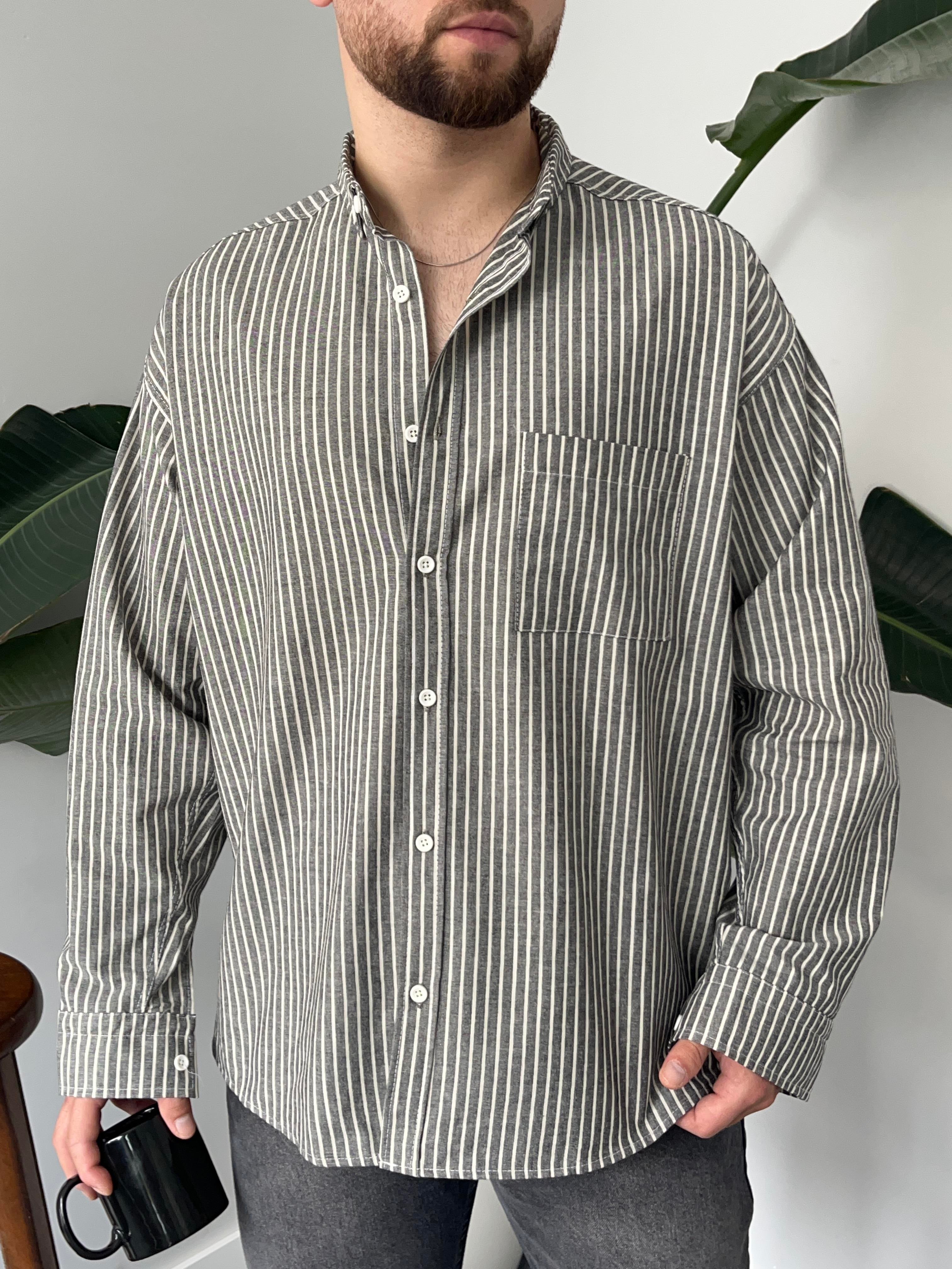 Antrasit Casual Çizgili Oversize Gömlek