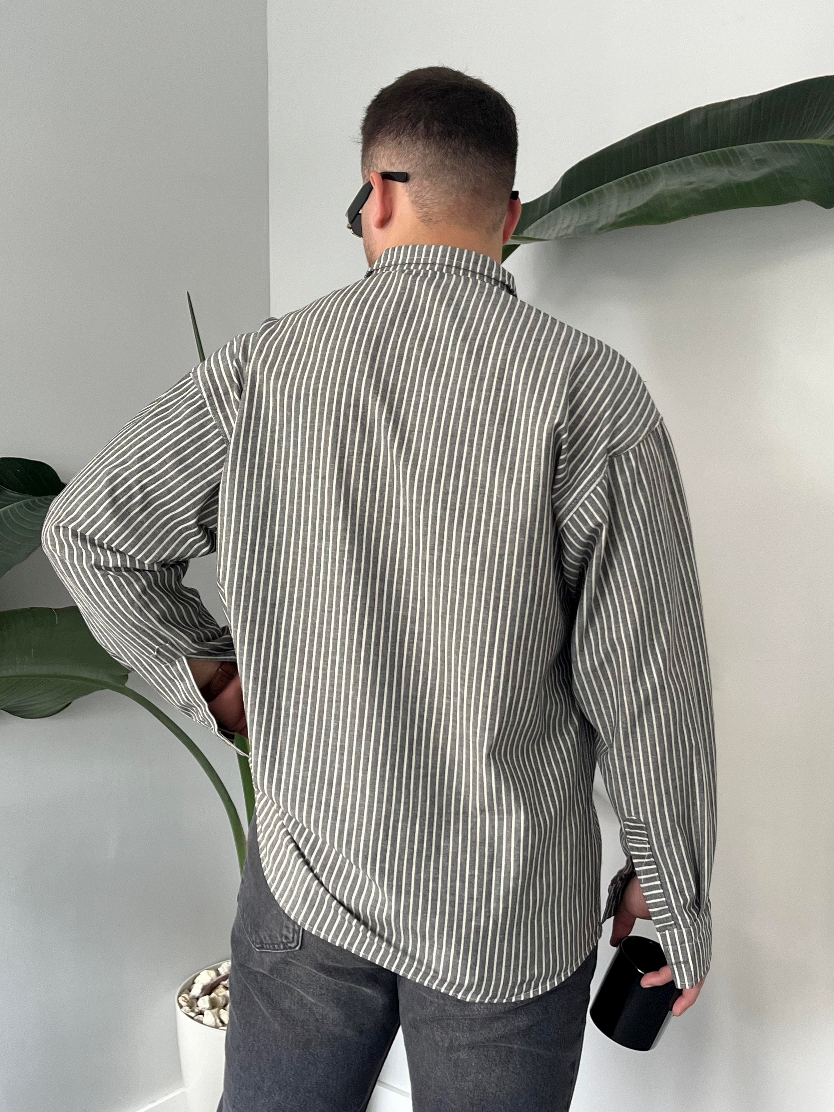 Antrasit Casual Çizgili Oversize Gömlek