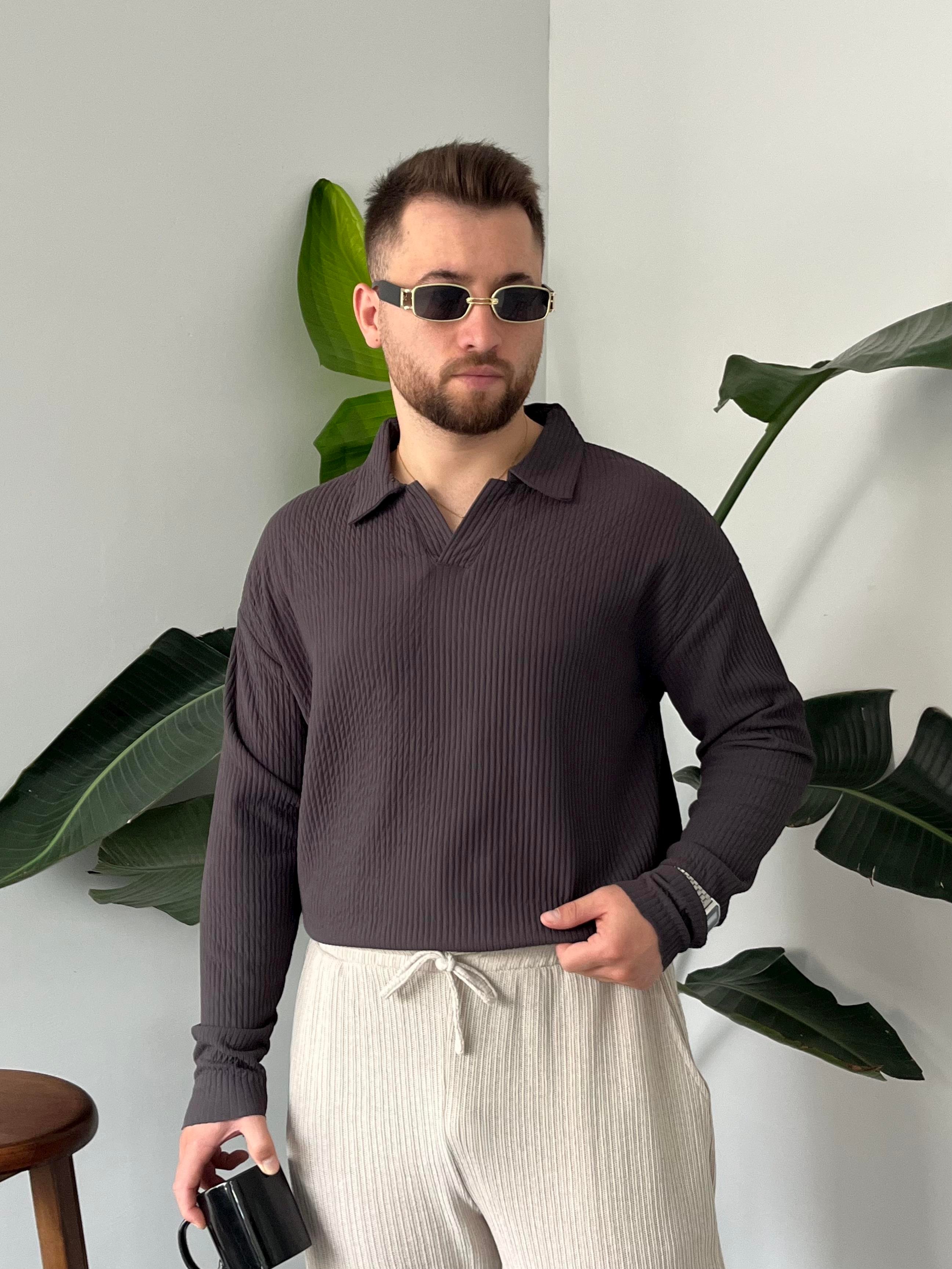 Antrasit Fitilli Polo Yaka Triko Sweat