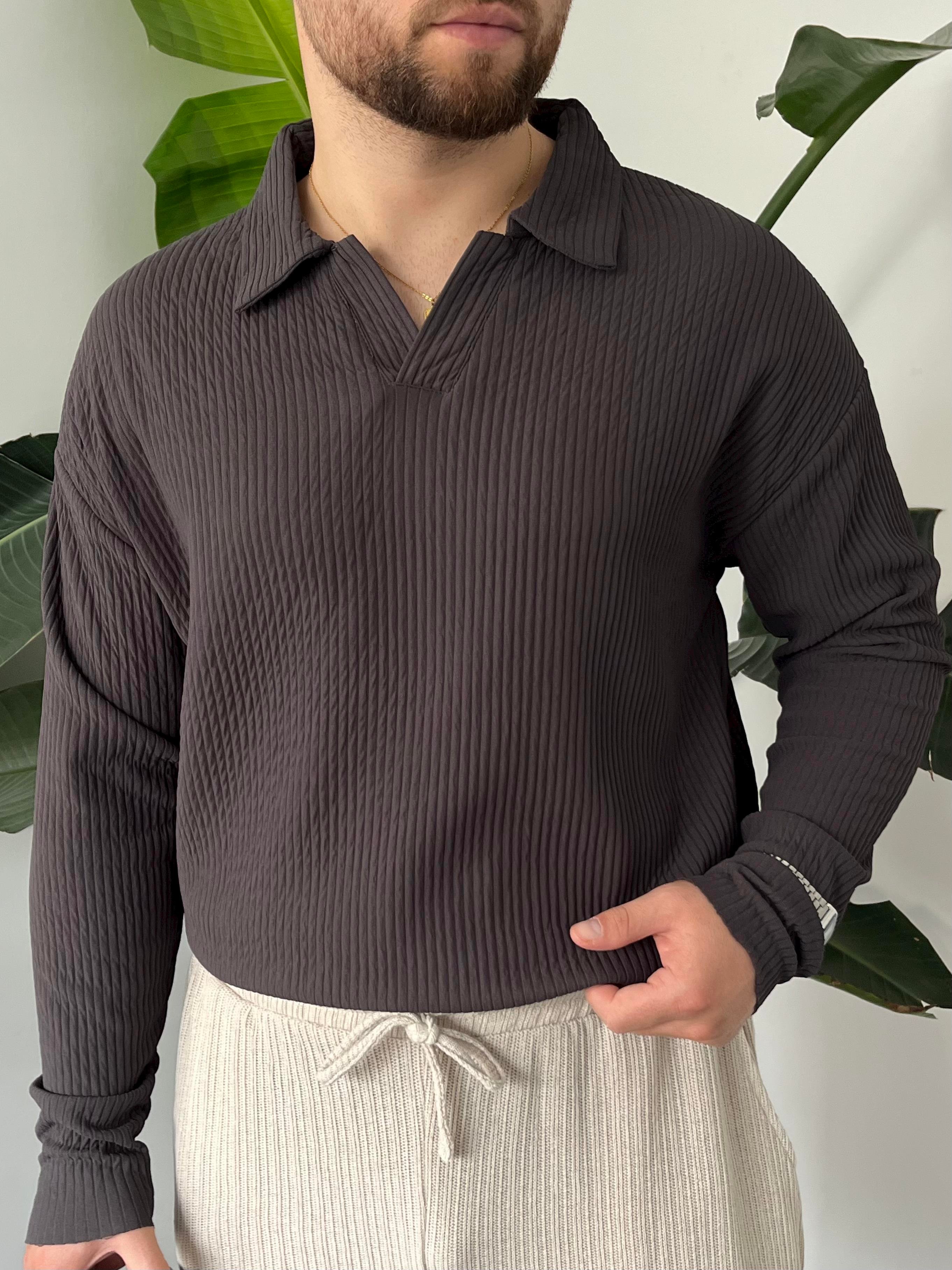 Antrasit Fitilli Polo Yaka Triko Sweat