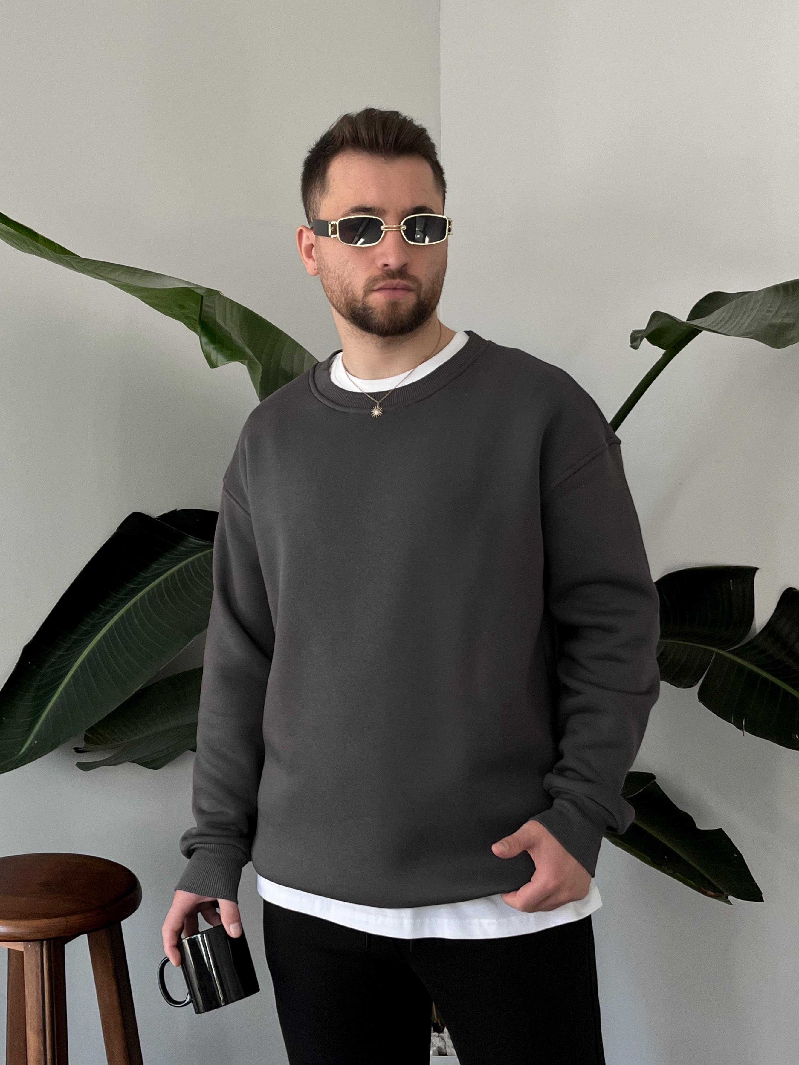 Antrasit Üç İplik Şardonlu Basic Sweatshirt
