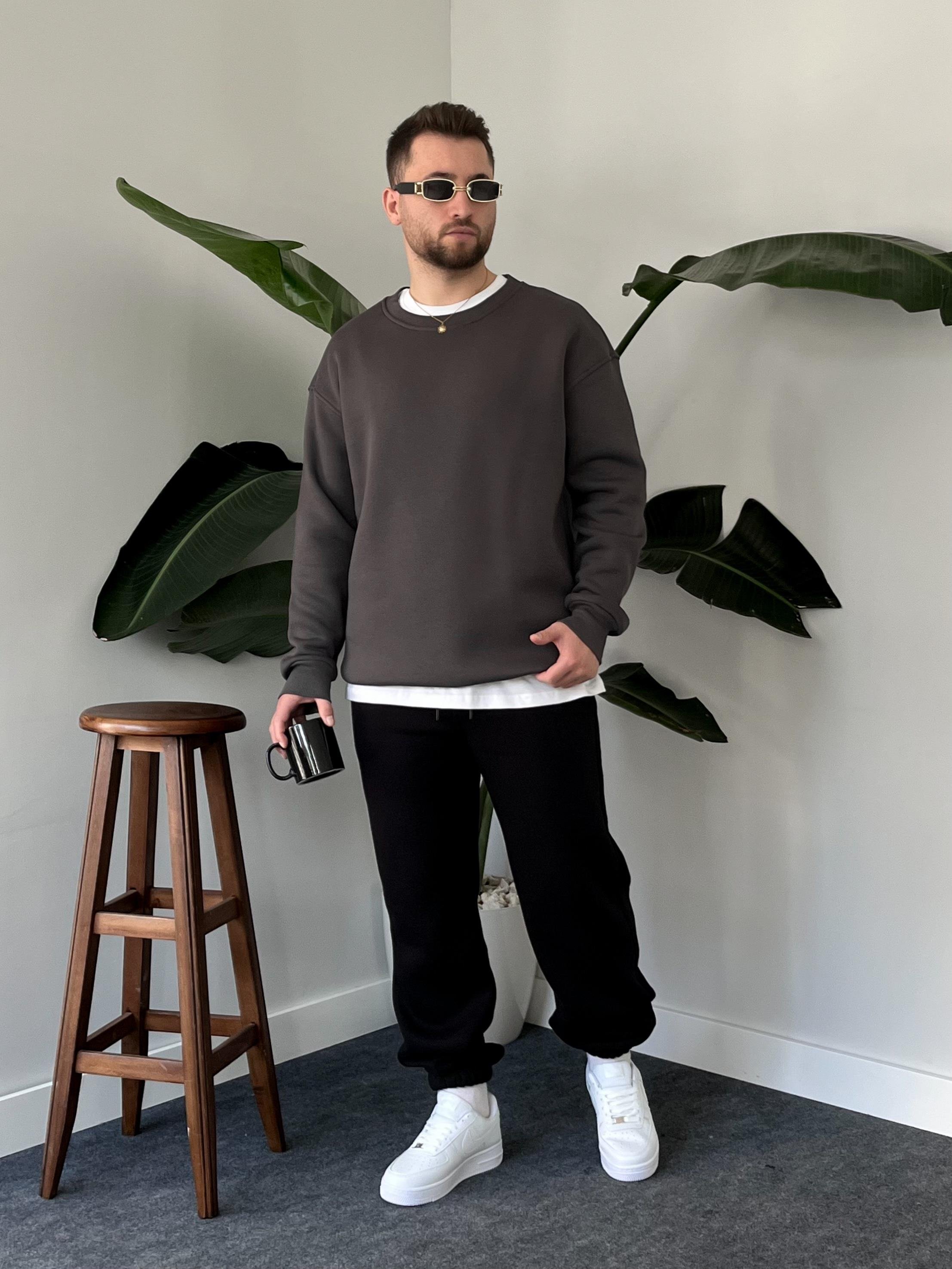 Antrasit Üç İplik Şardonlu Basic Sweatshirt