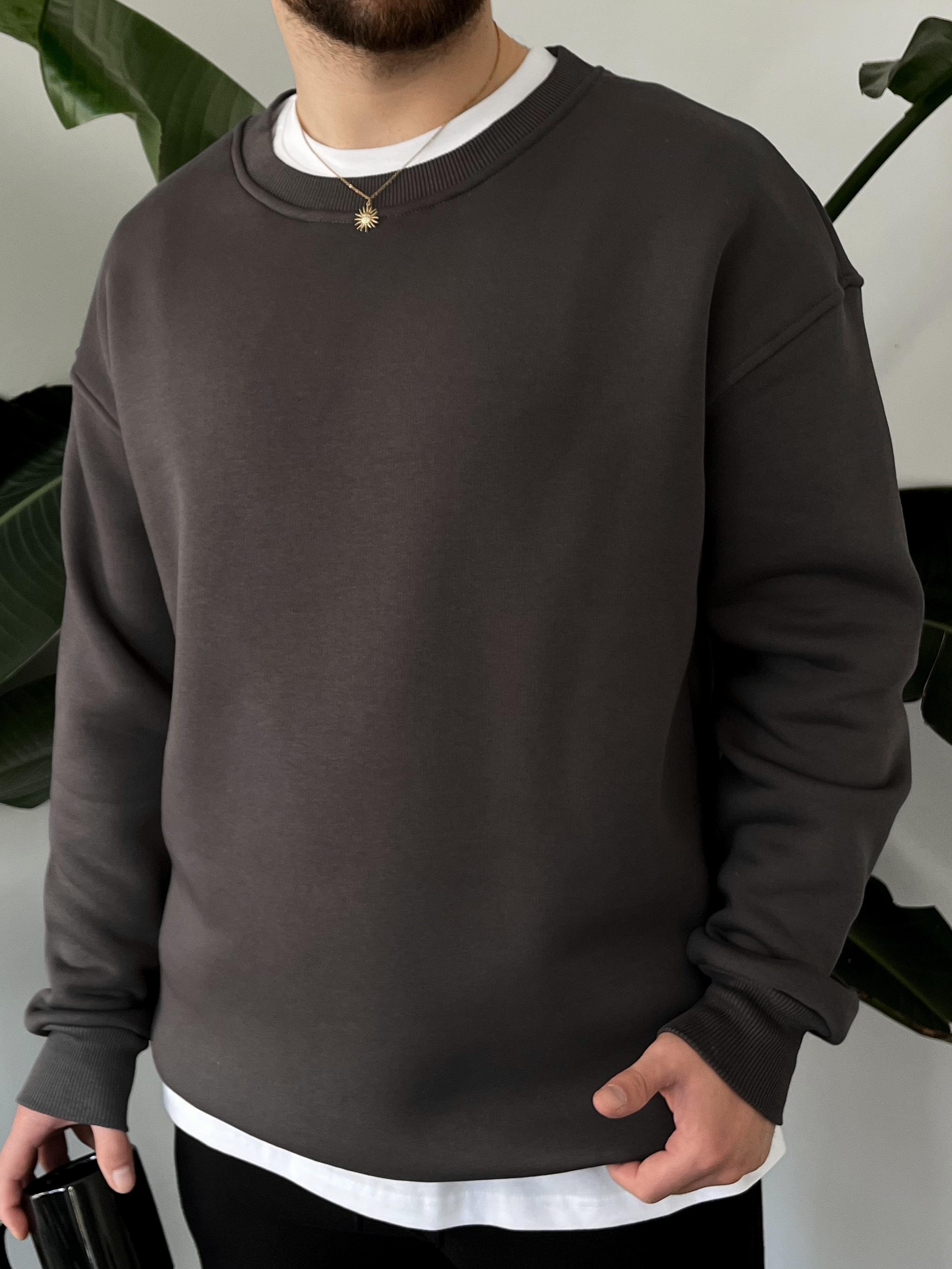 Antrasit Üç İplik Şardonlu Basic Sweatshirt