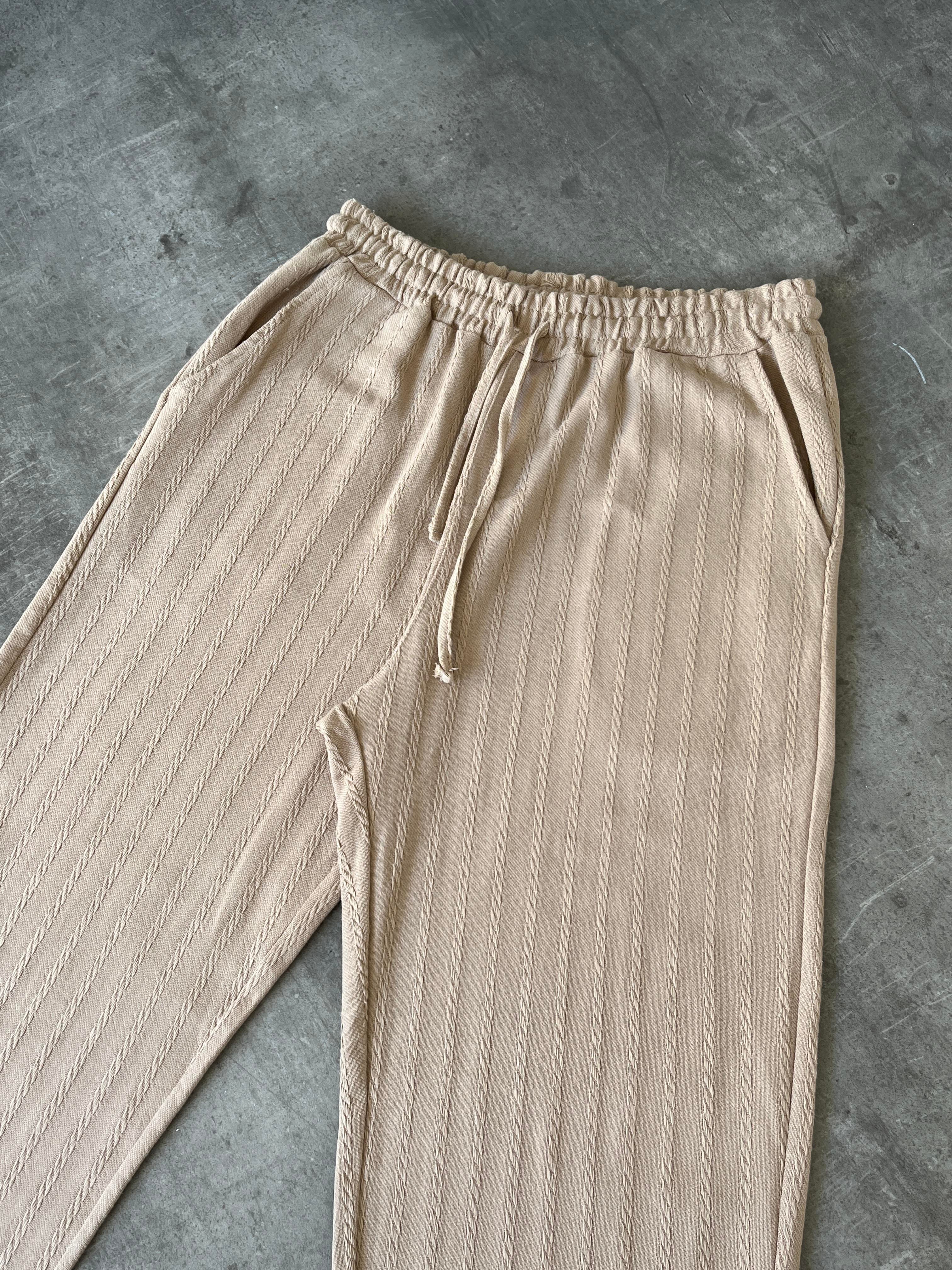 Bej Desenli Baggy Keten Pantolon