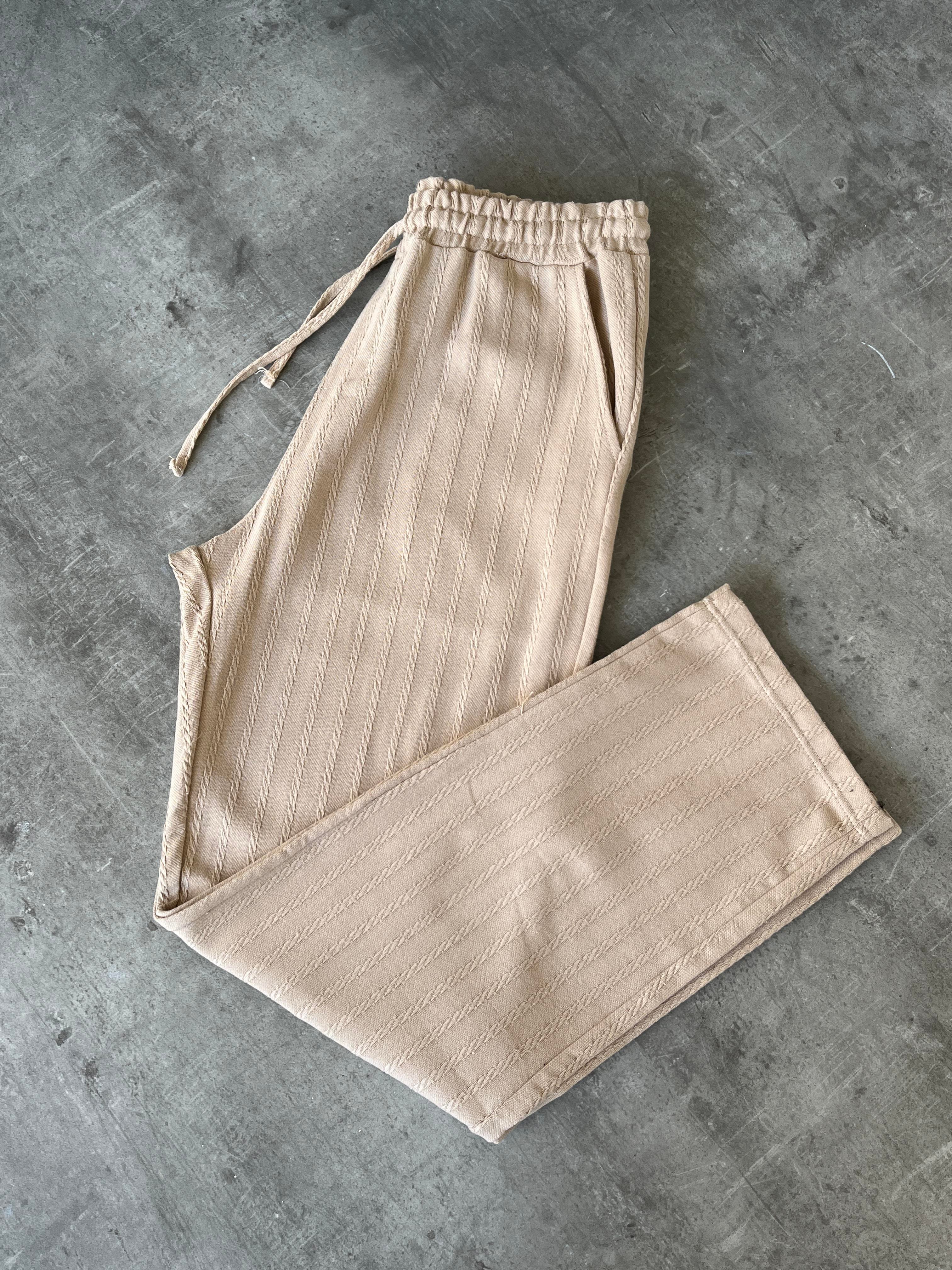 Bej Desenli Baggy Keten Pantolon