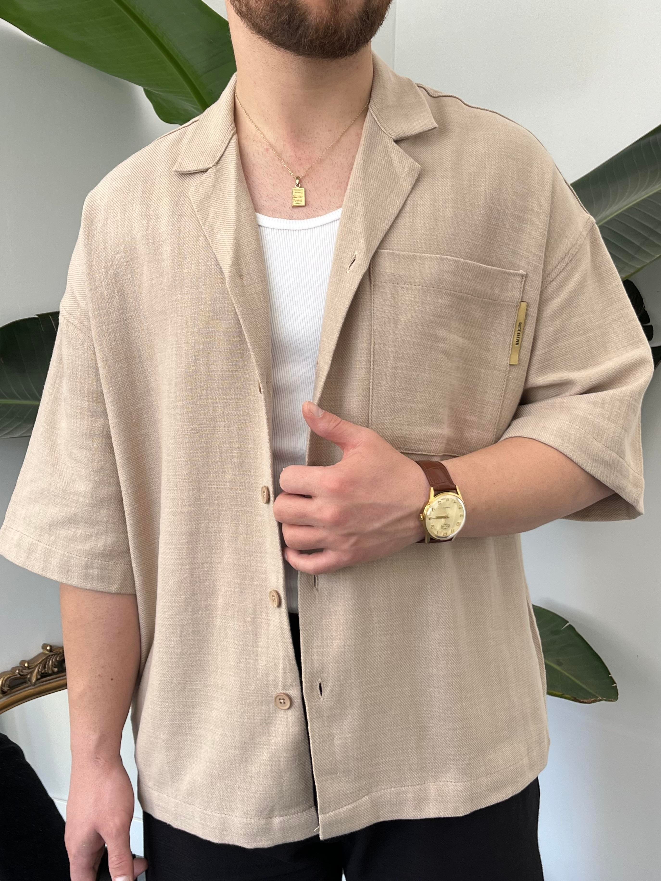 Bej Gabardin Oversize Gömlek
