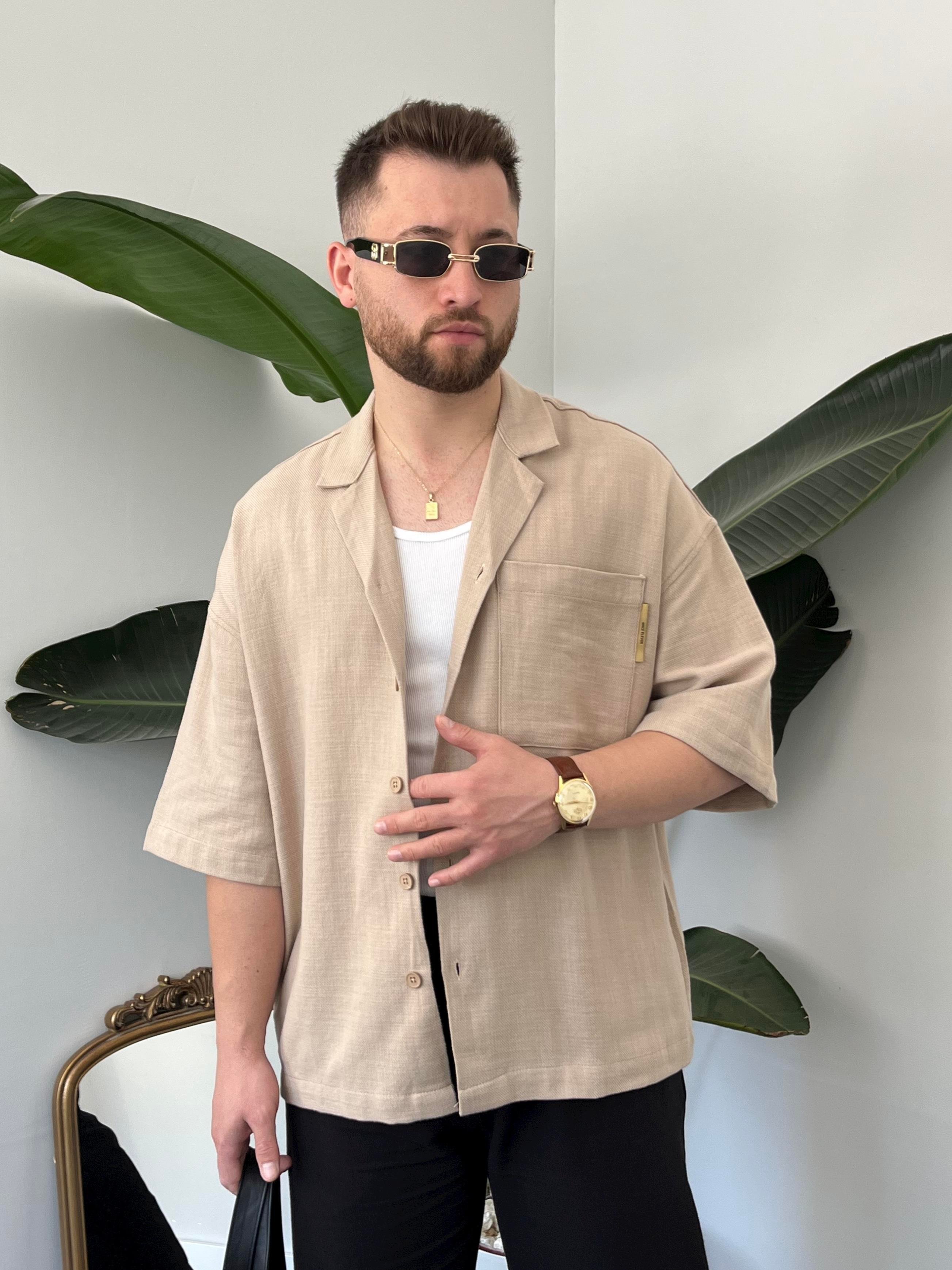 Bej Gabardin Oversize Gömlek