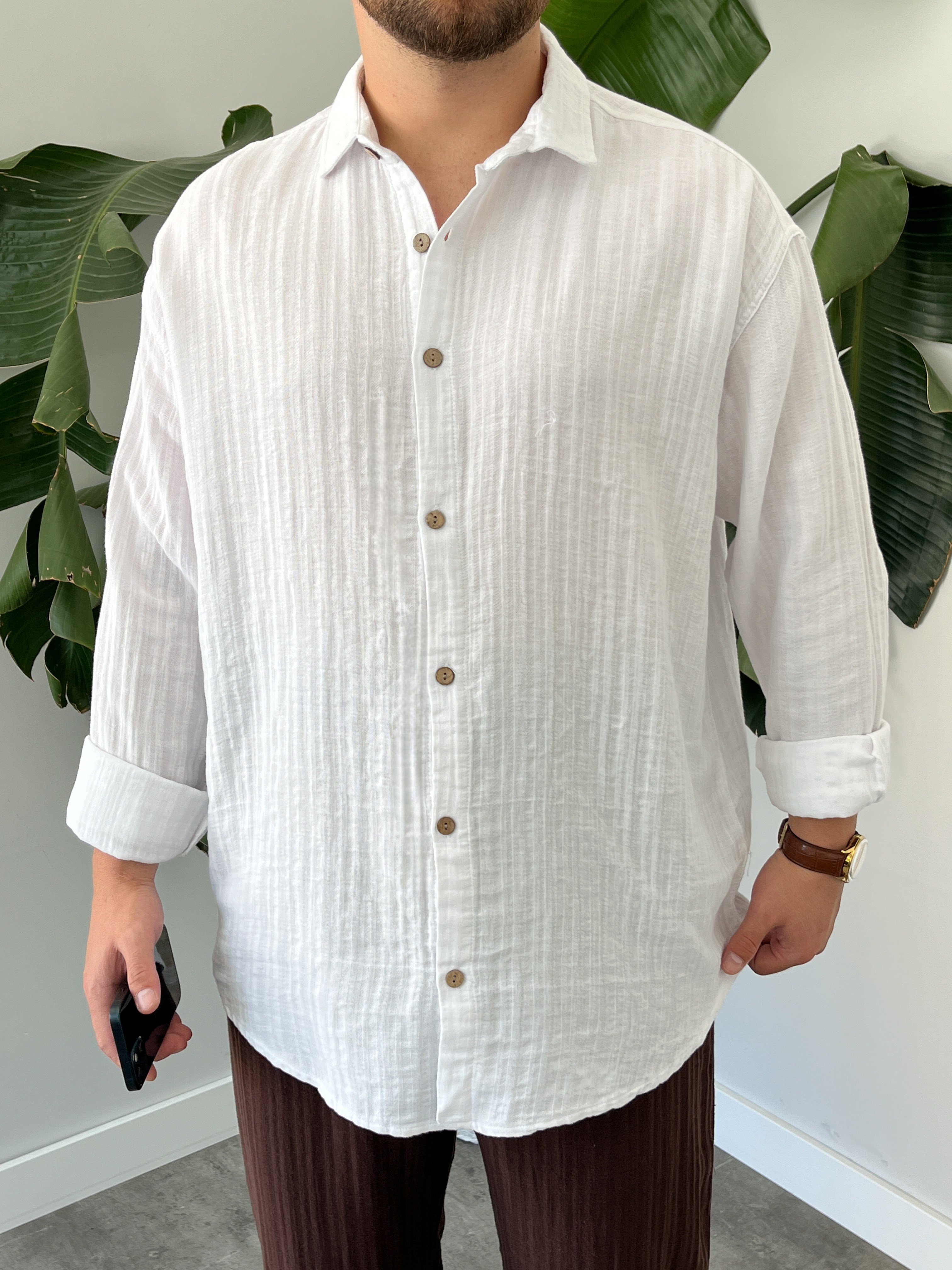 Beyaz Armürlü Müslin Oversize Gömlek