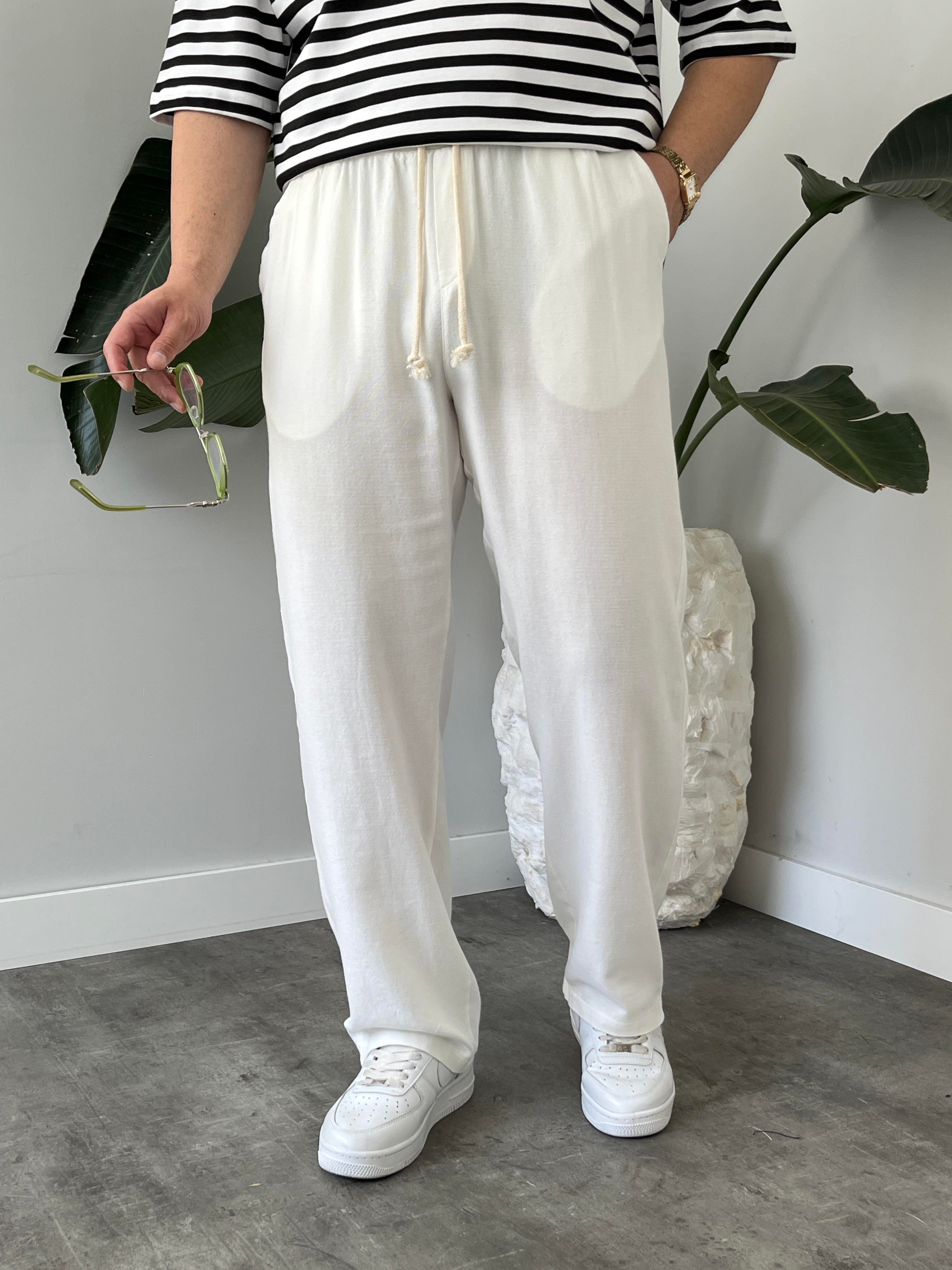 Beyaz Burgu Bağcık Detaylı Pamuk Keten Relax Fit Pantolon