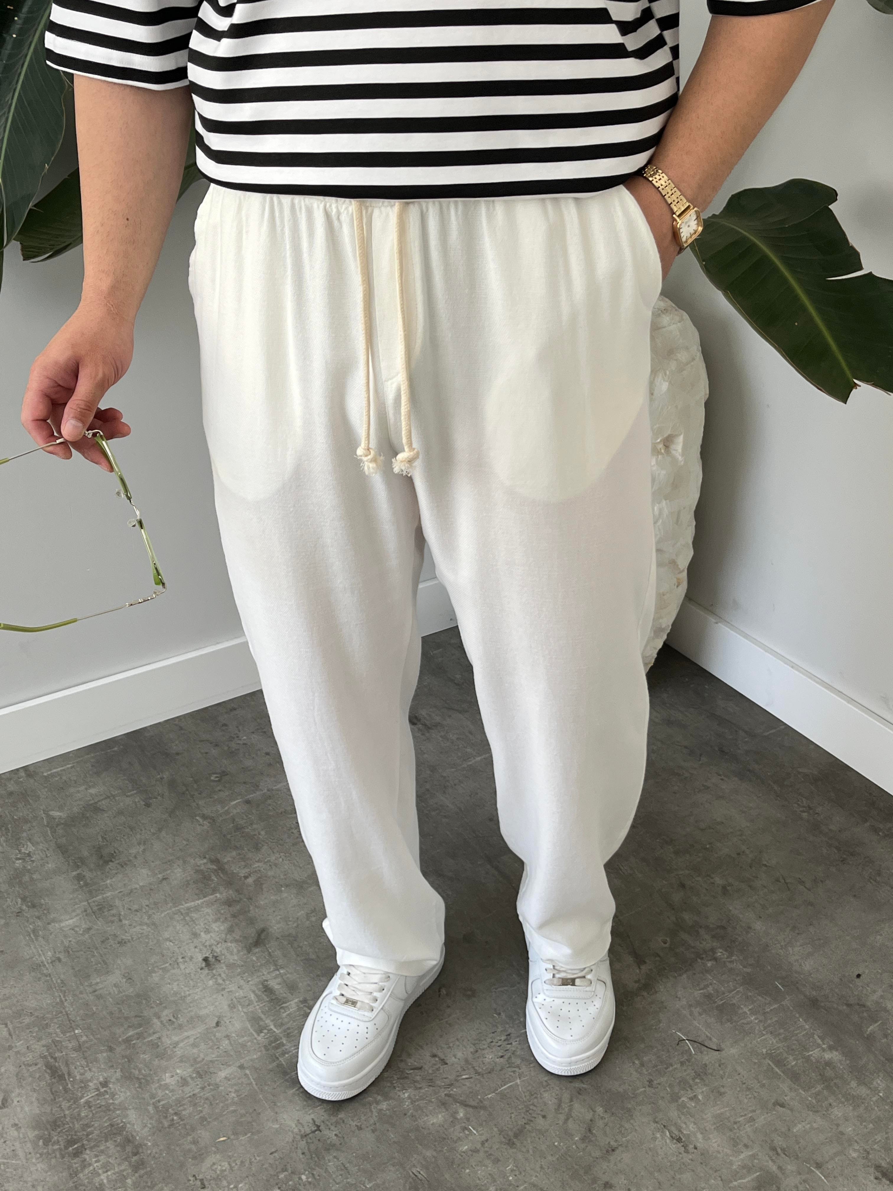 Beyaz Burgu Bağcık Detaylı Pamuk Keten Relax Fit Pantolon