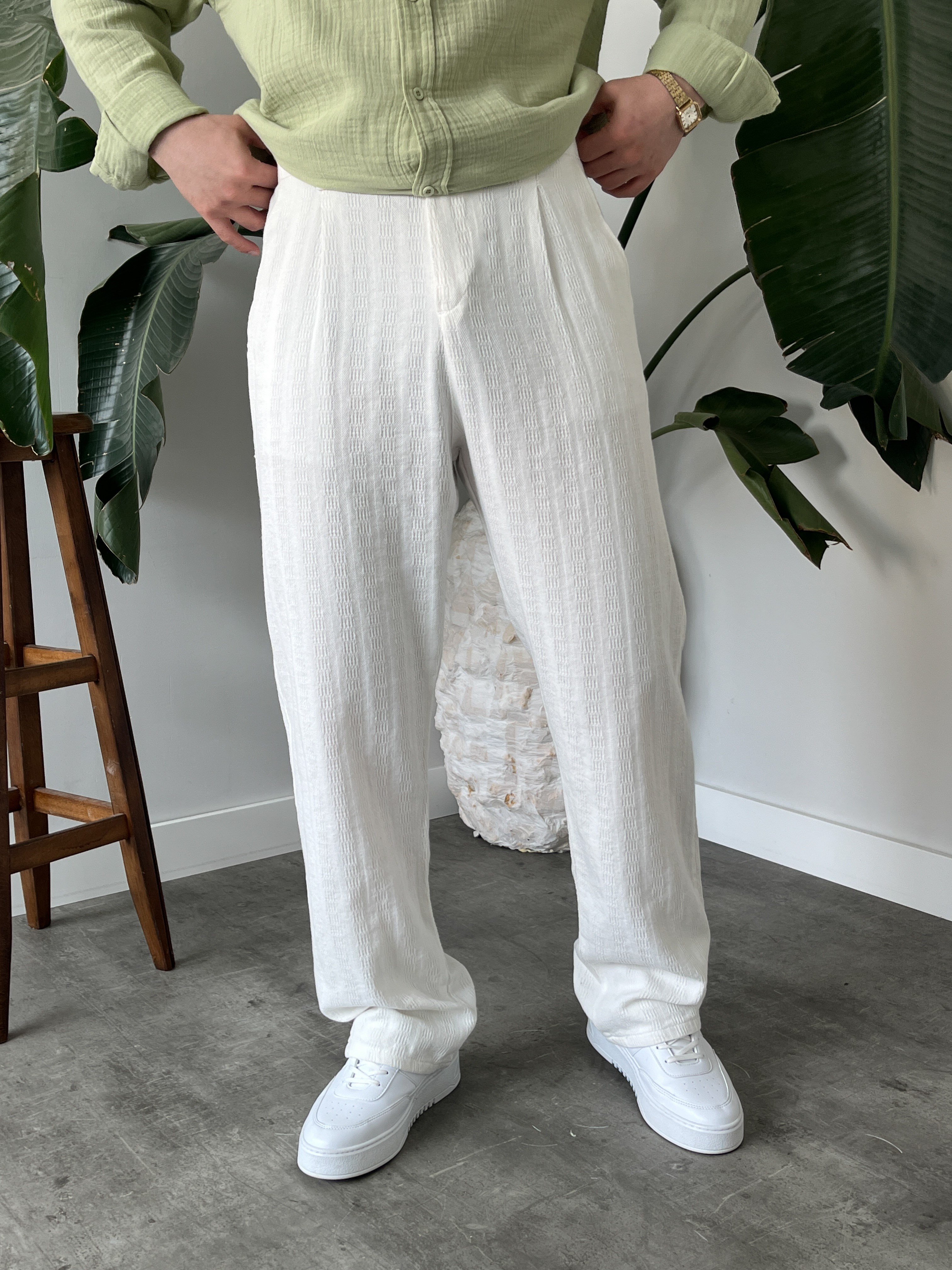 Beyaz Desenli Keten Baggy Pantolon