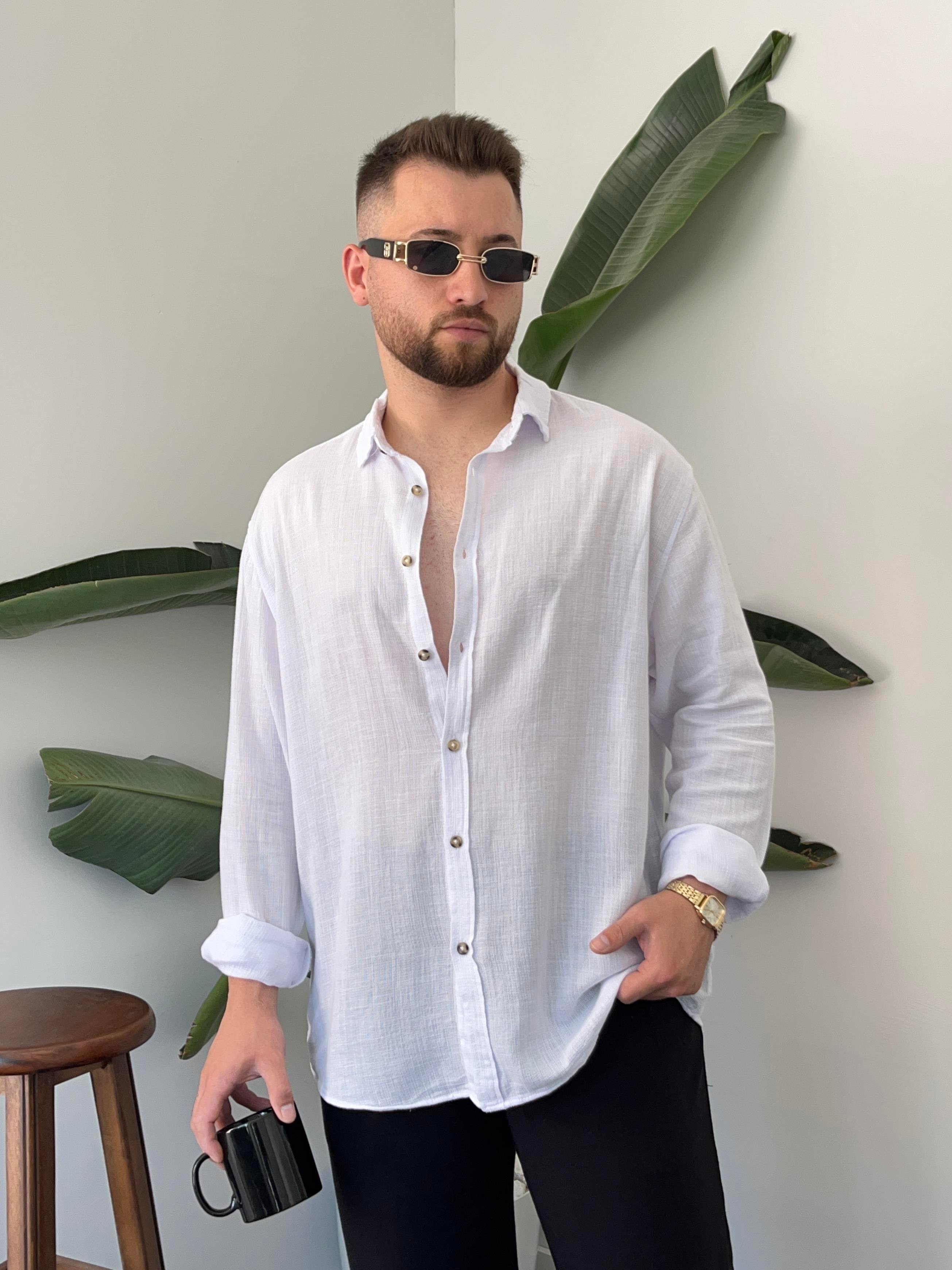 Beyaz Etamin Keten Oversize Gömlek
