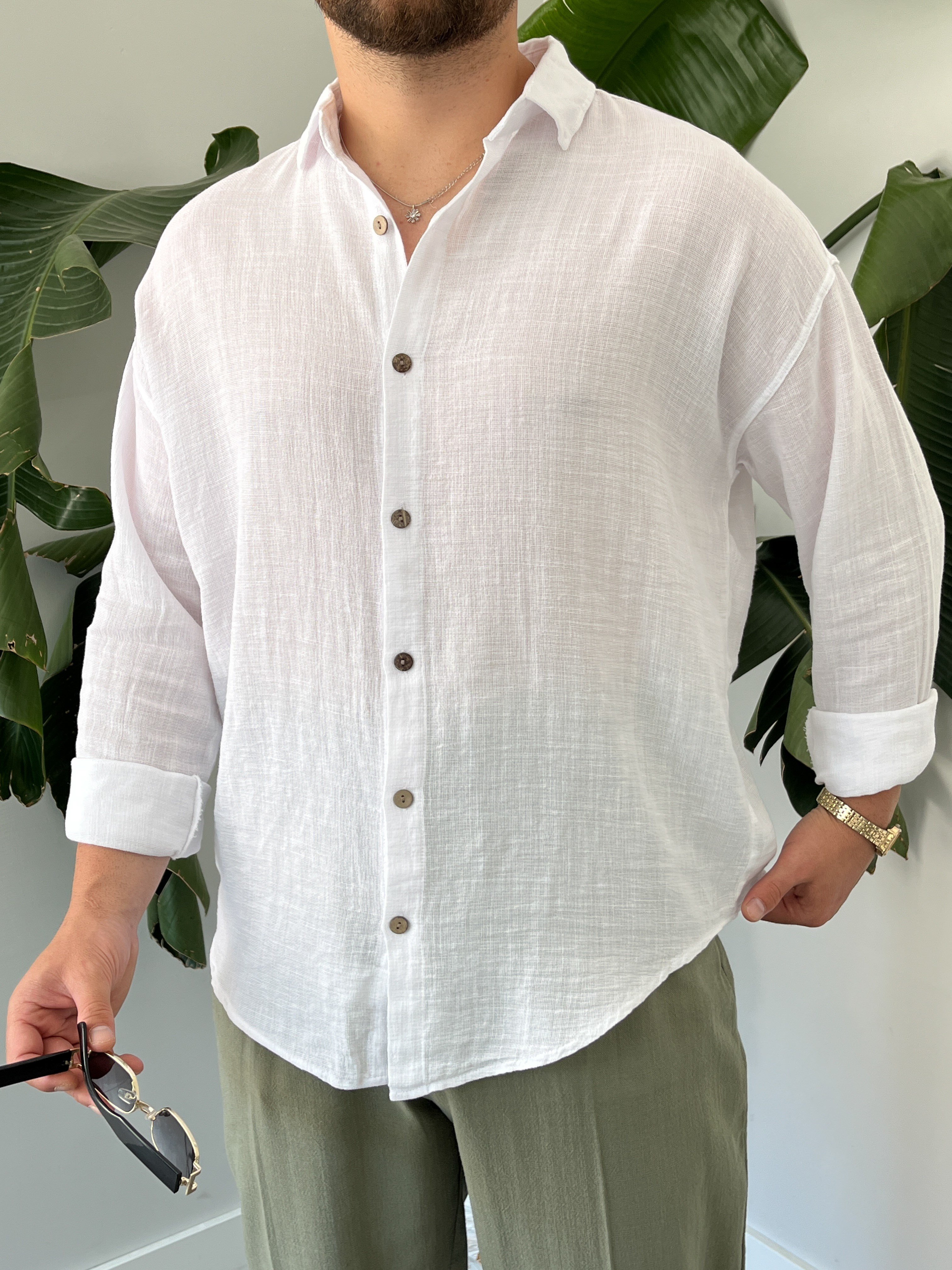 Beyaz Etamin Keten Oversize Gömlek