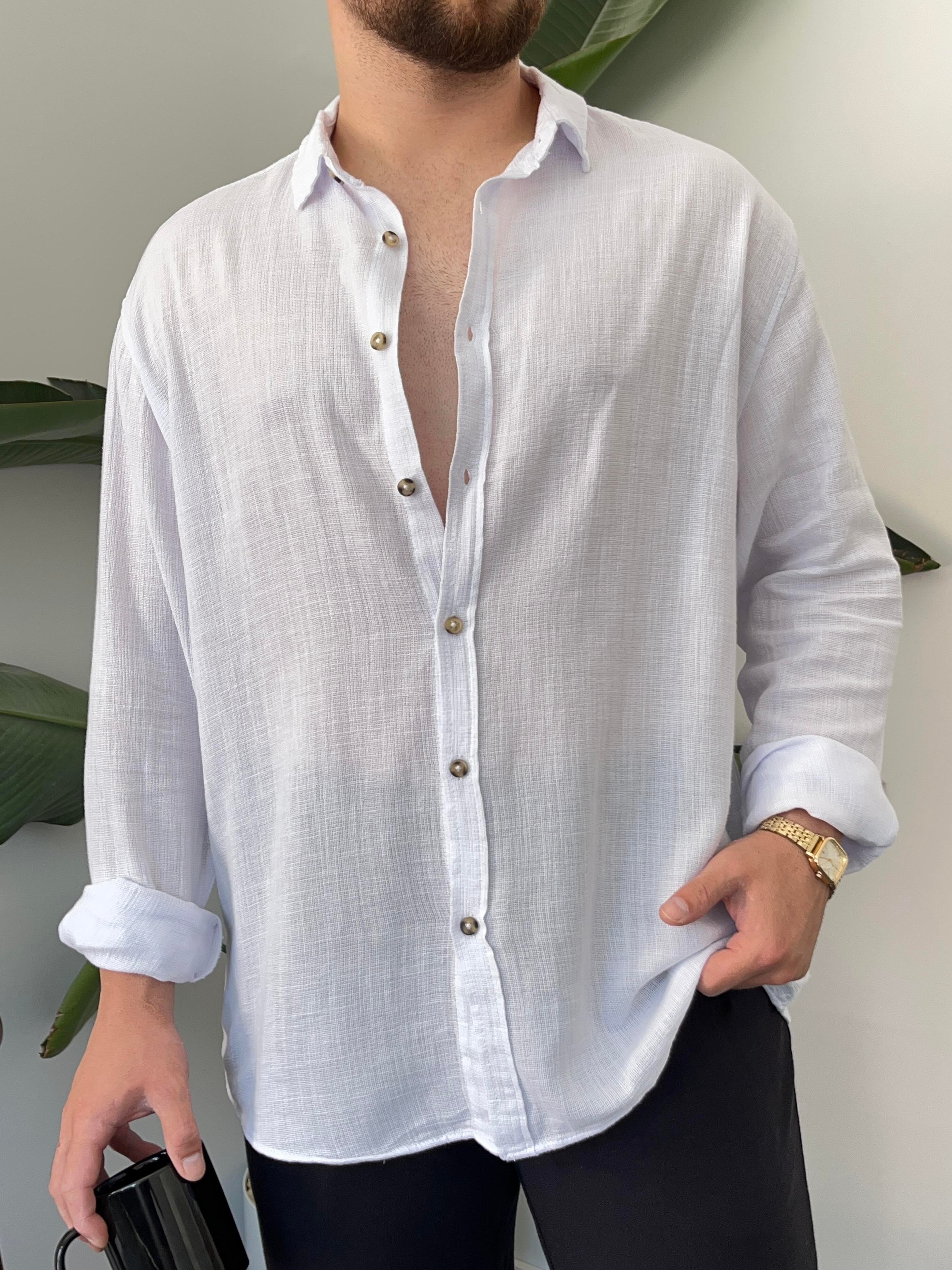 Beyaz Etamin Keten Oversize Gömlek