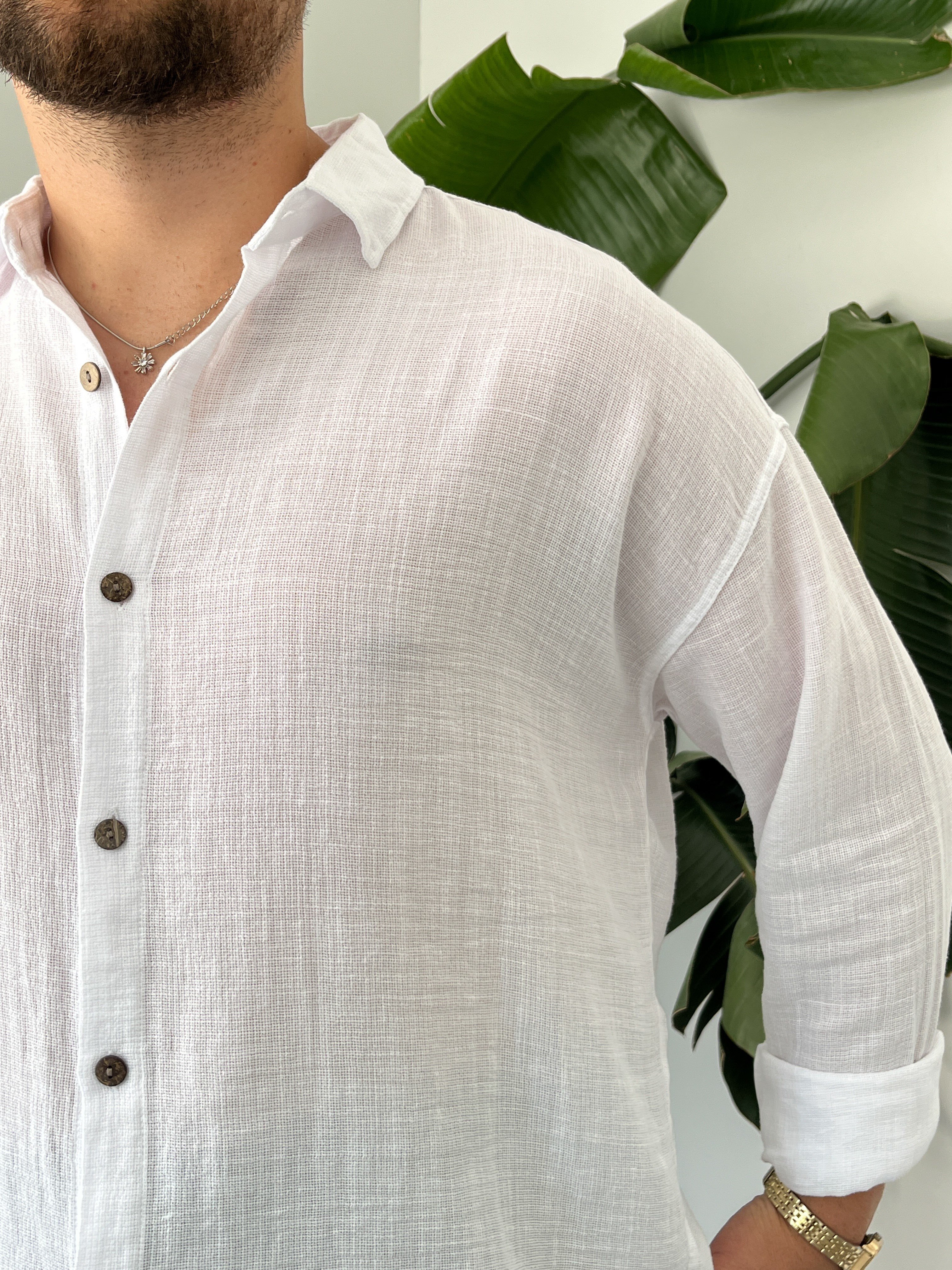 Beyaz Etamin Keten Oversize Gömlek