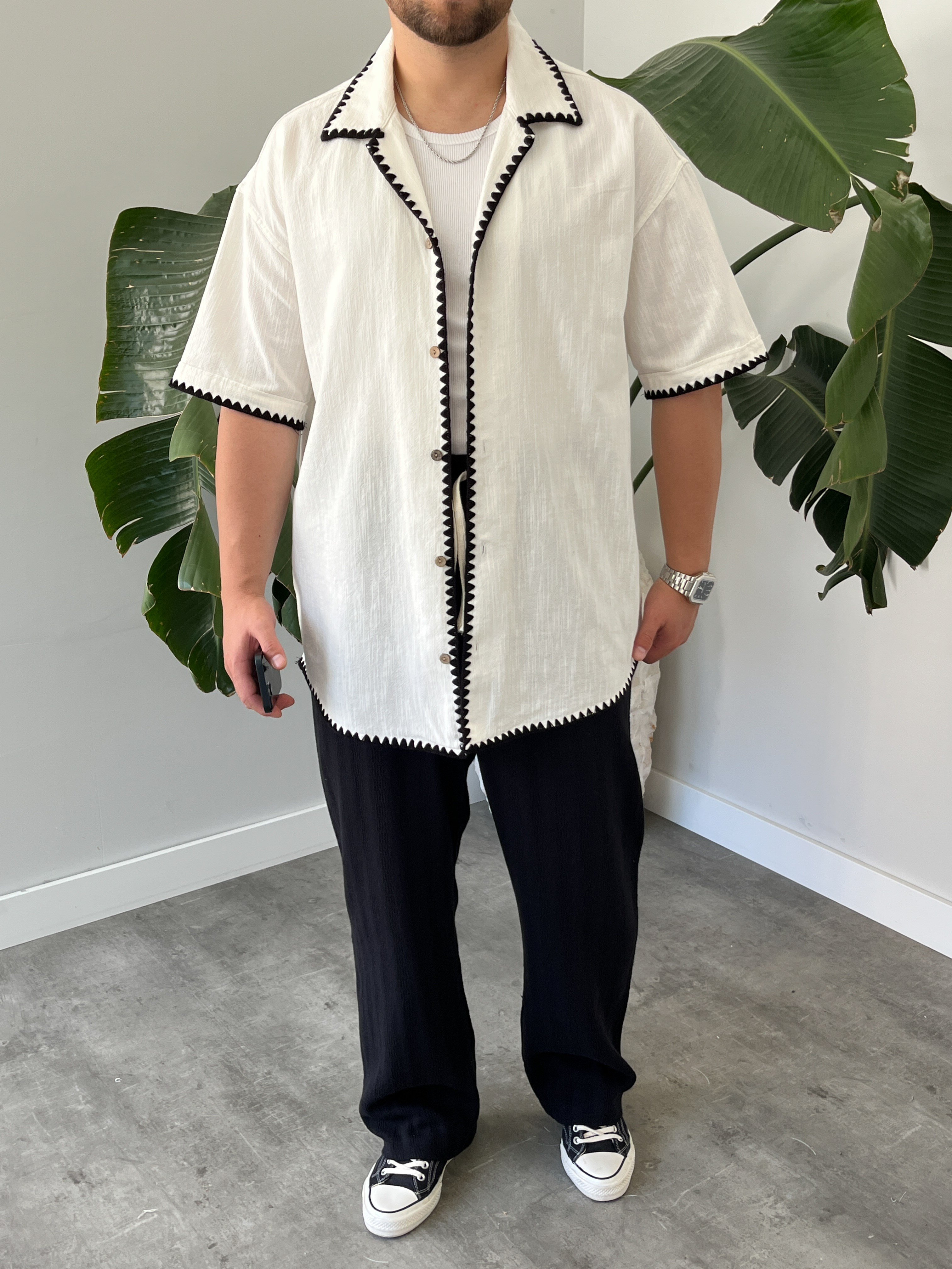 Beyaz Kontrast Dikiş Keten Oversize Gömlek