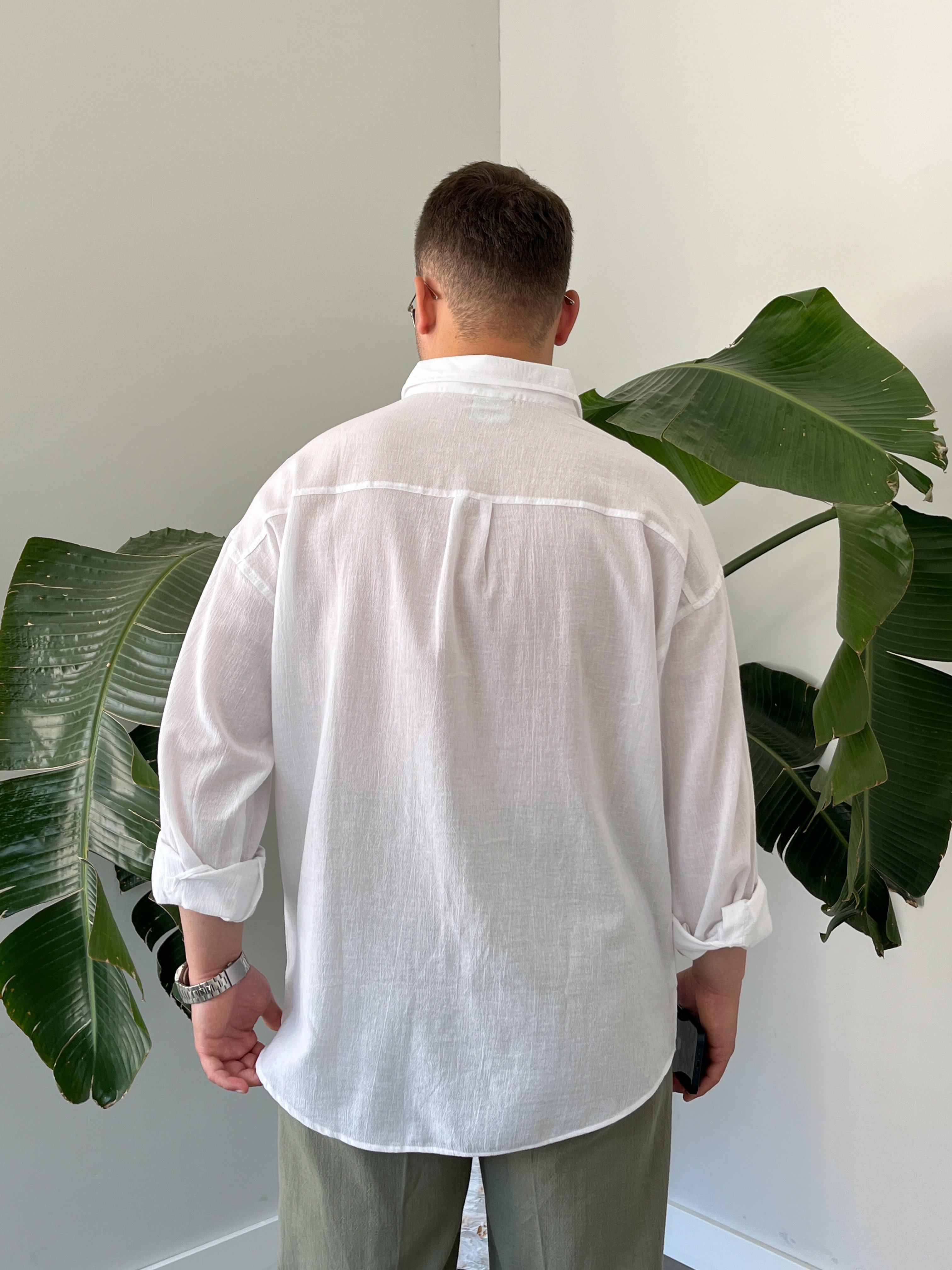 Beyaz Krinkıl Oversize Gömlek