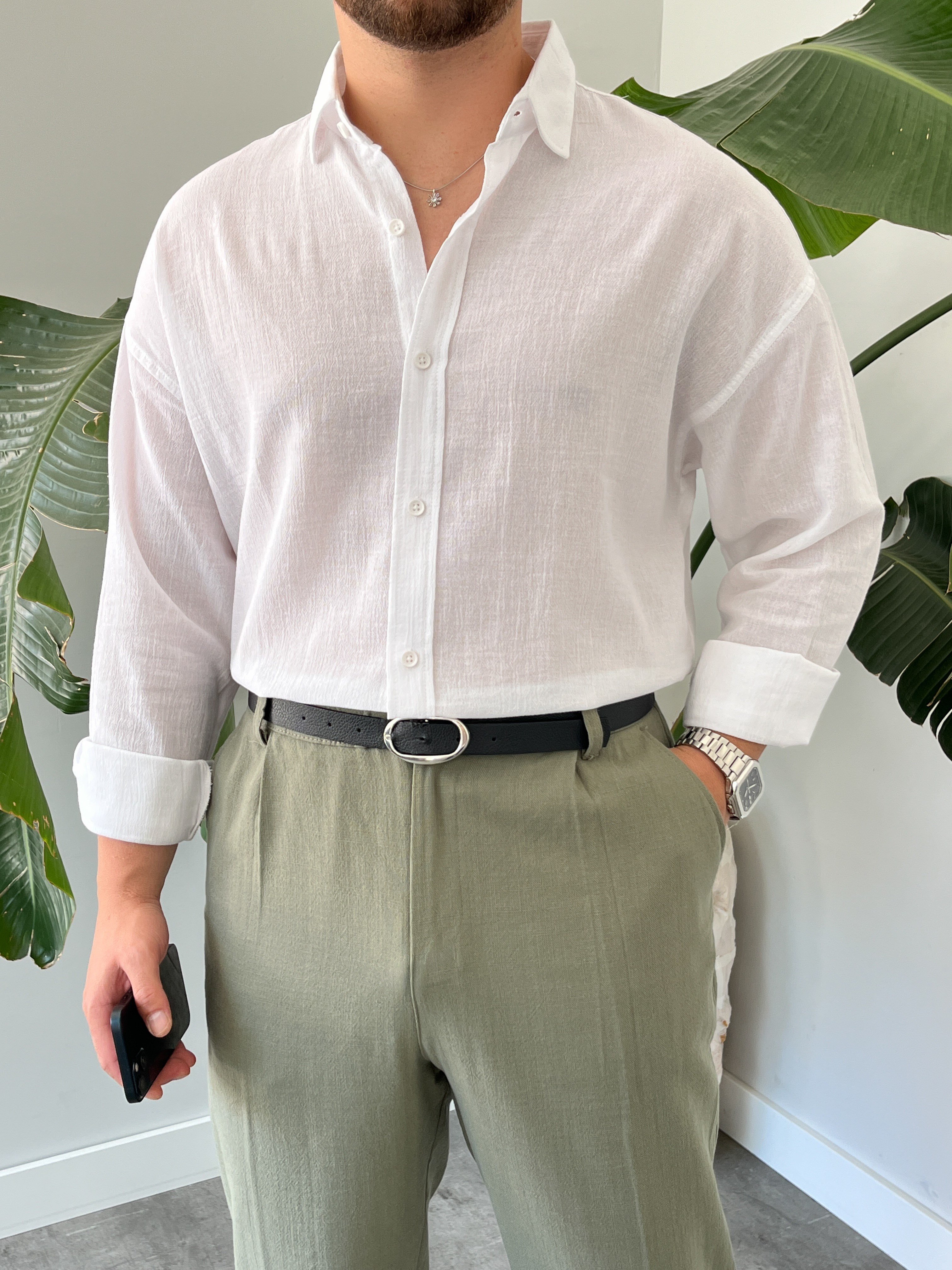 Beyaz Krinkıl Oversize Gömlek