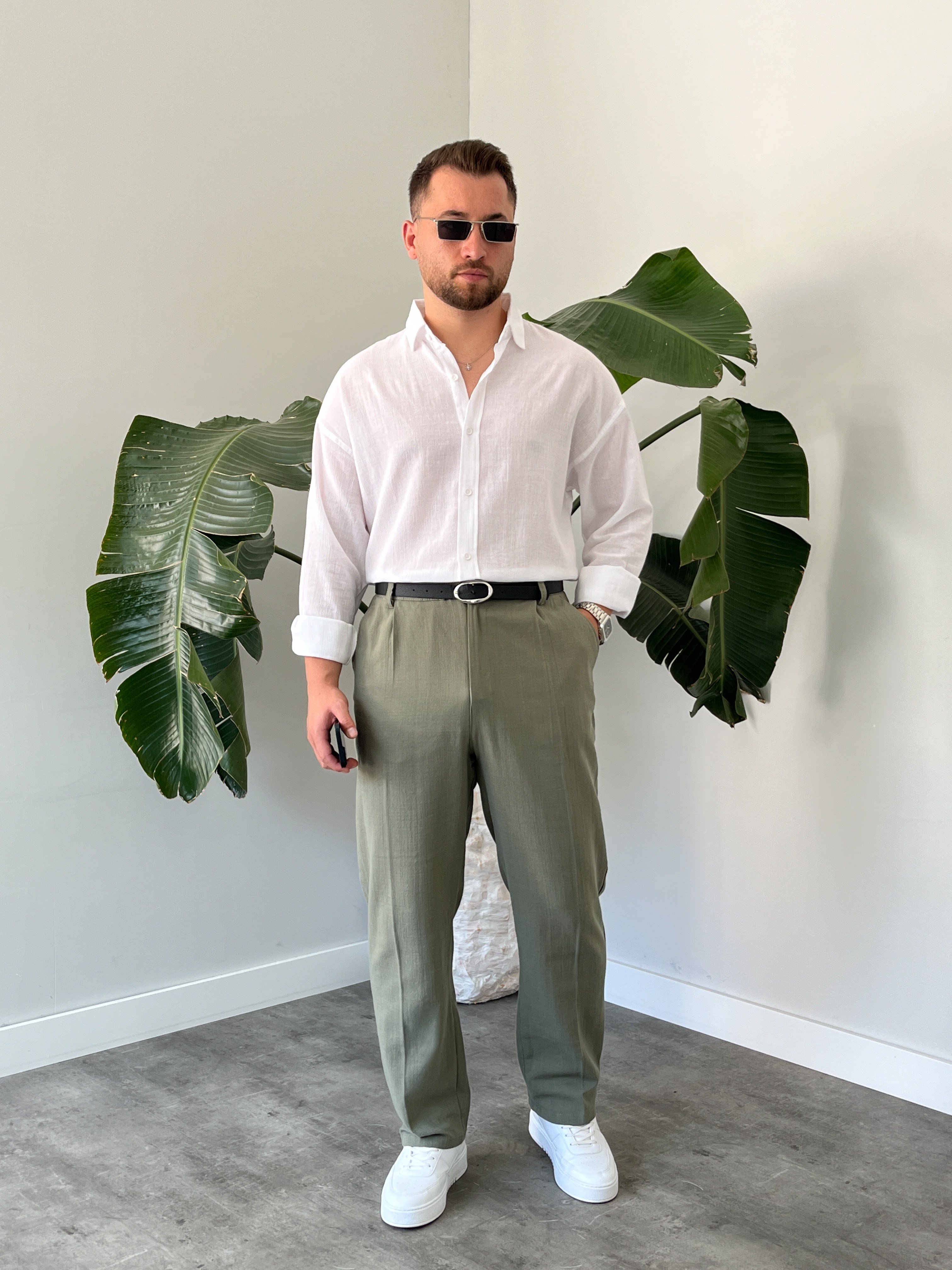 Beyaz Krinkıl Oversize Gömlek