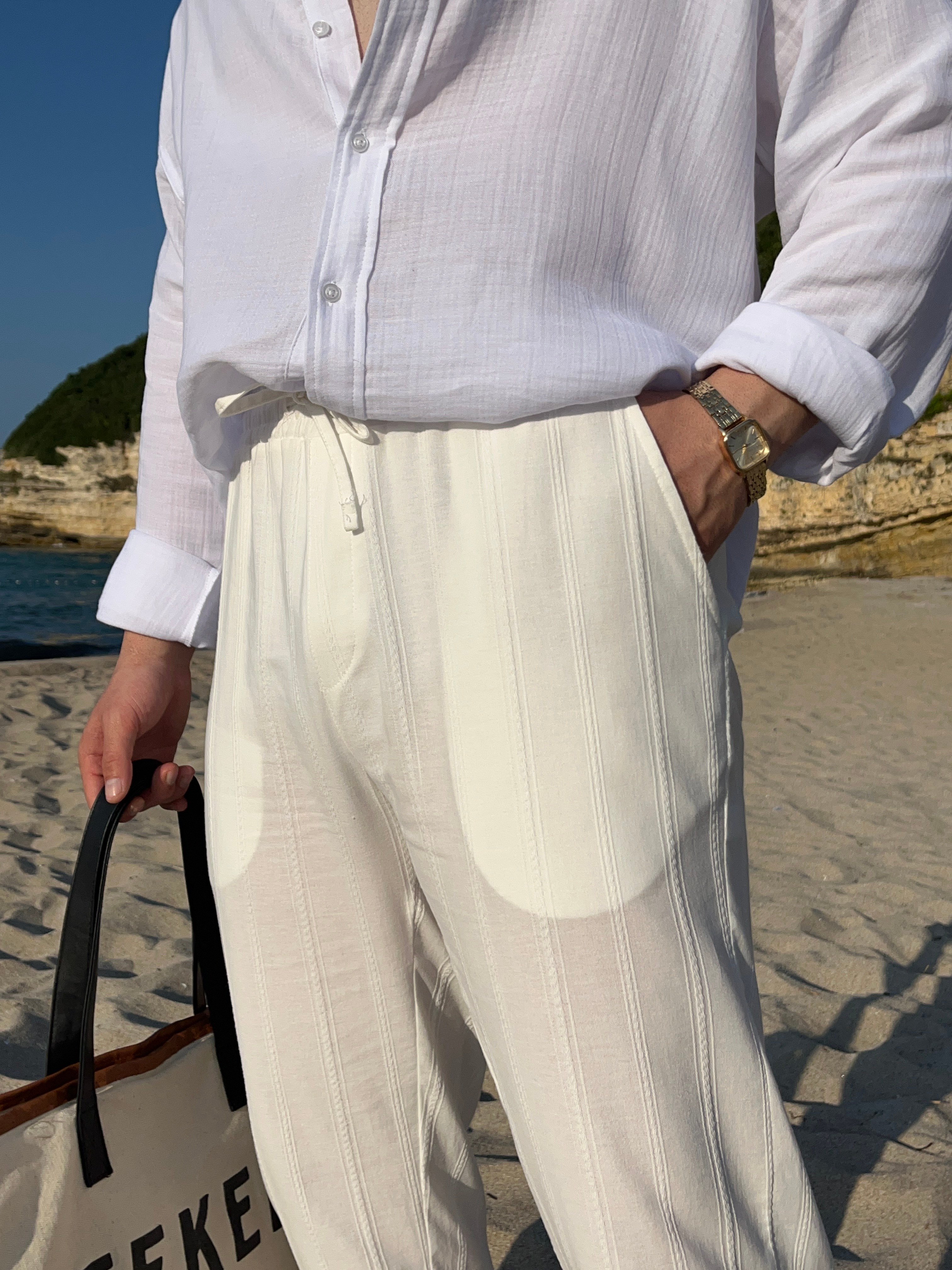 Beyaz Örgü Desen Keten Baggy Pantolon