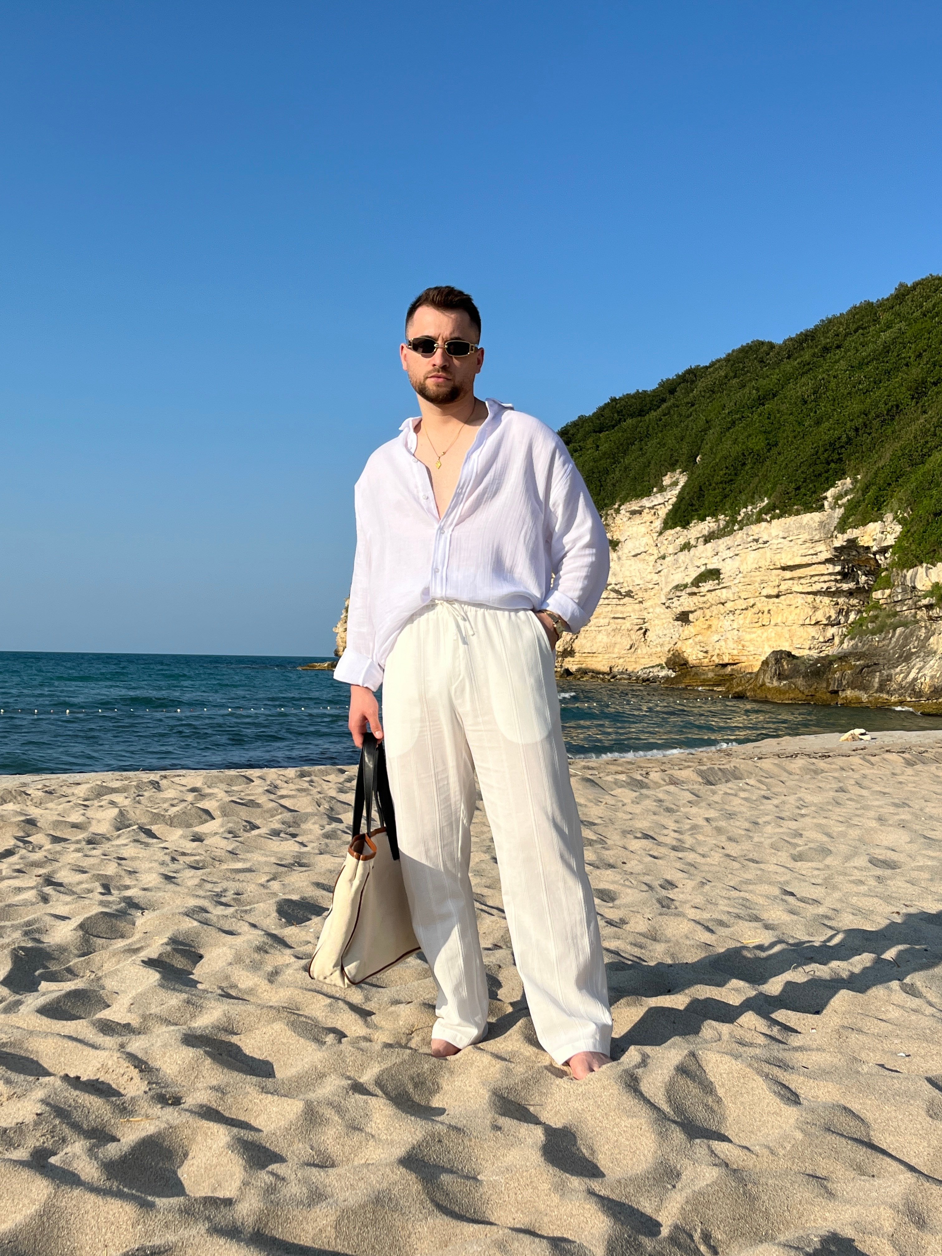 Beyaz Örgü Desen Keten Baggy Pantolon