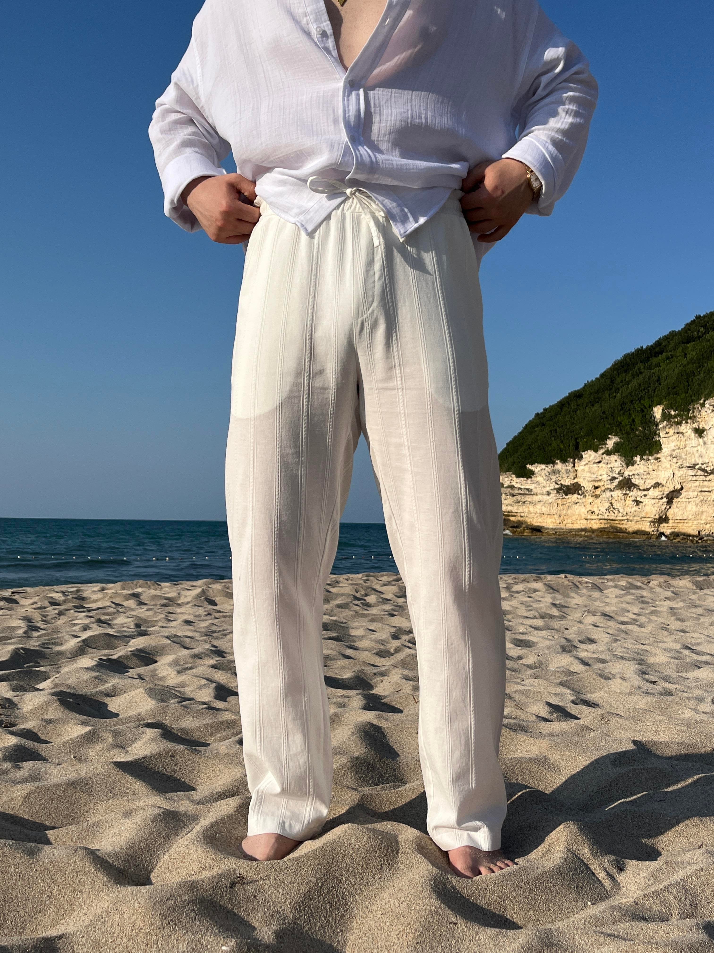 Beyaz Örgü Desen Keten Baggy Pantolon