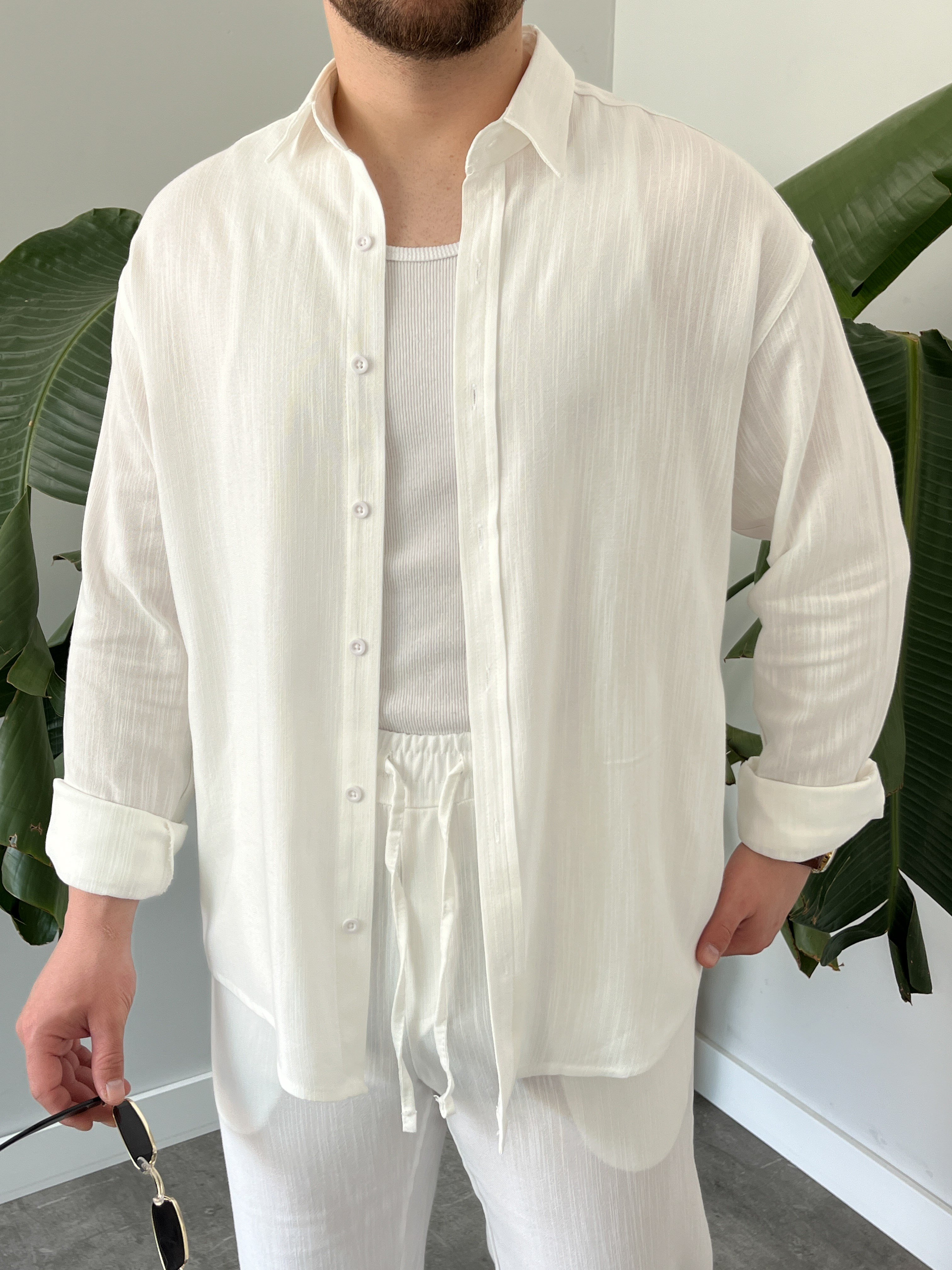 Beyaz Serra Keten Oversize Takım