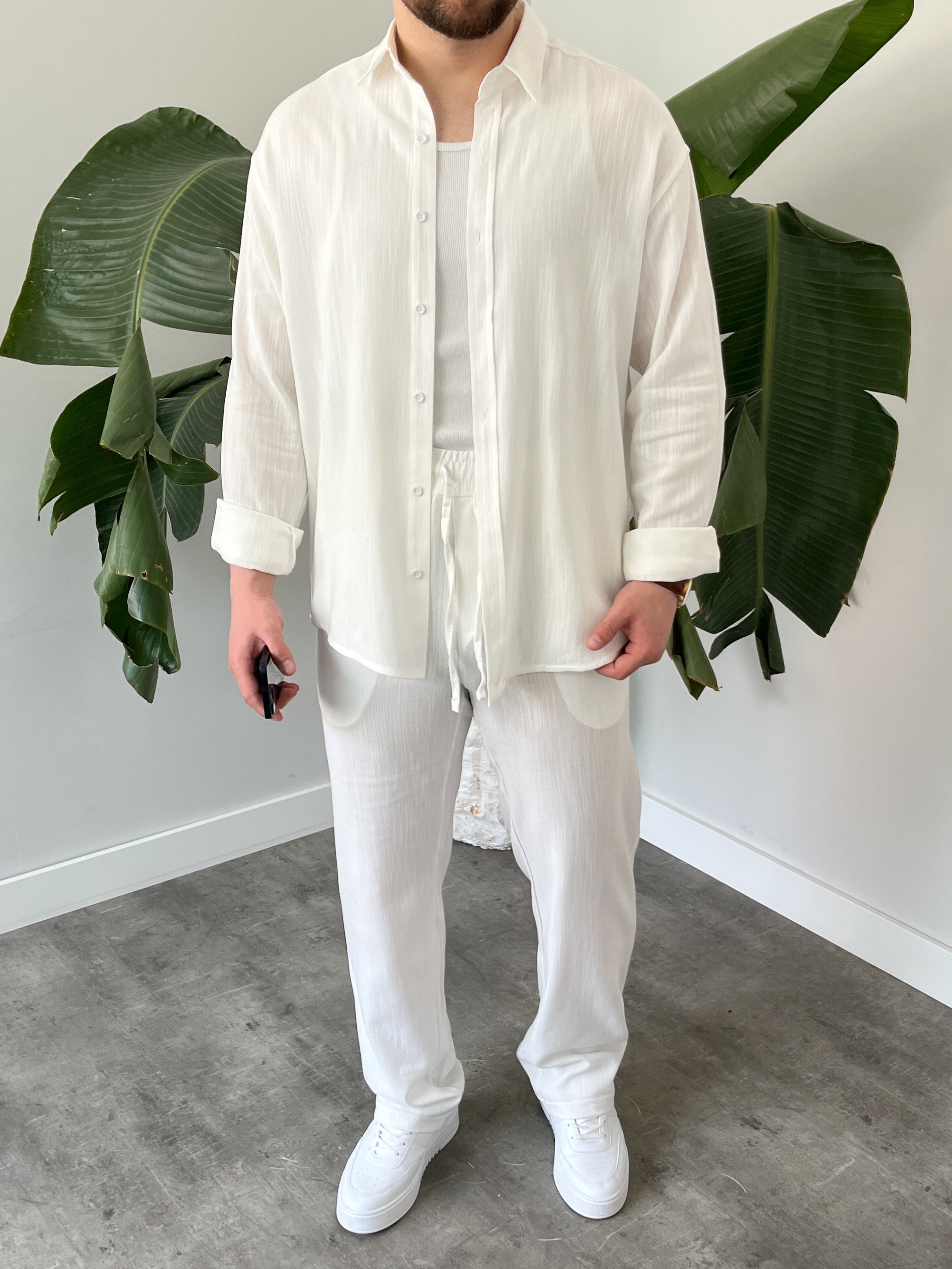 Beyaz Serra Keten Oversize Takım
