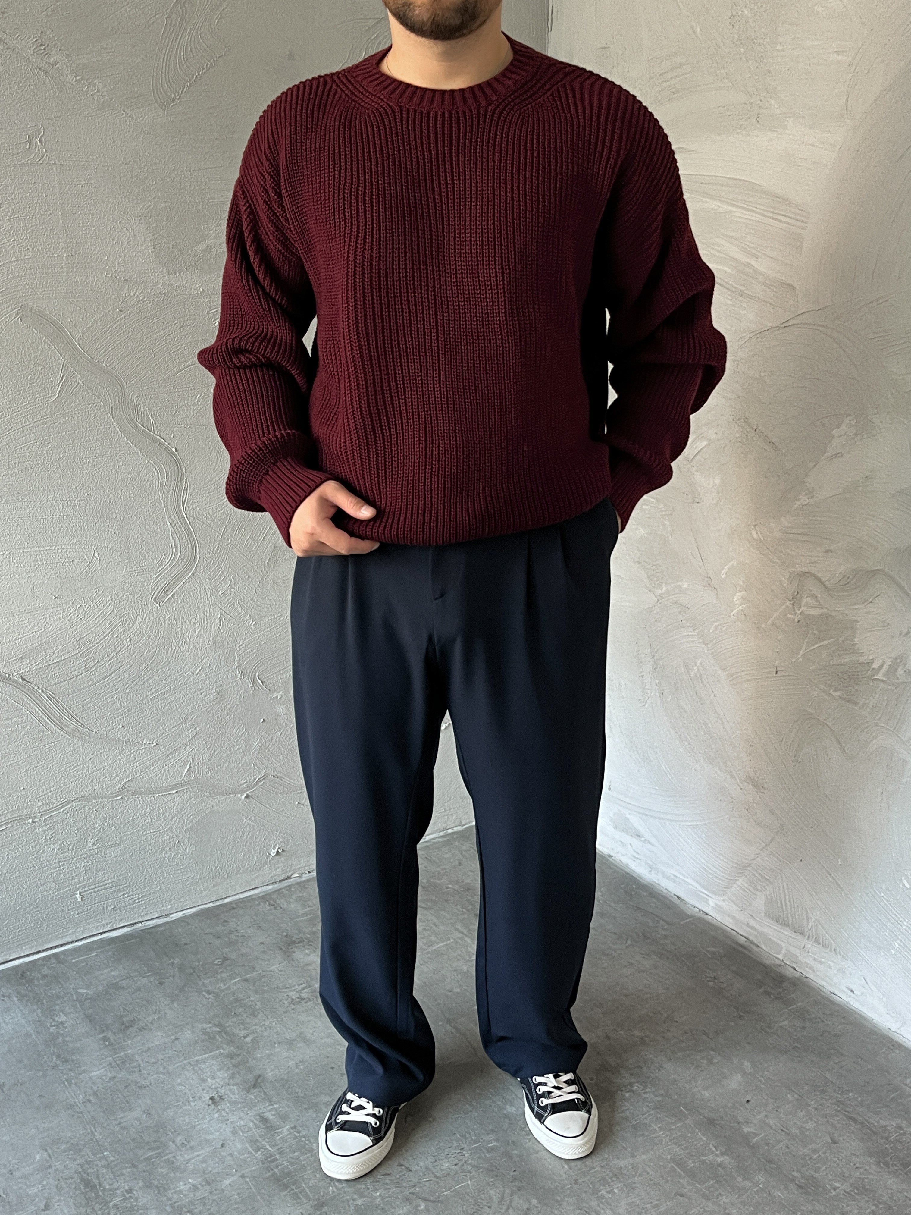 Bordo Basic Örgü Oversize Kazak